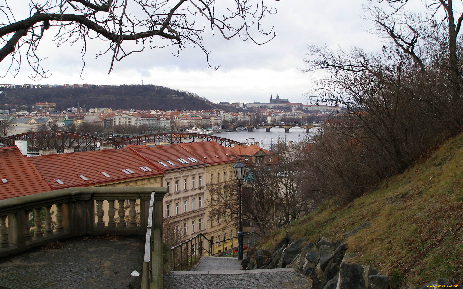города, прага, Чехия, река, мосты, лестница