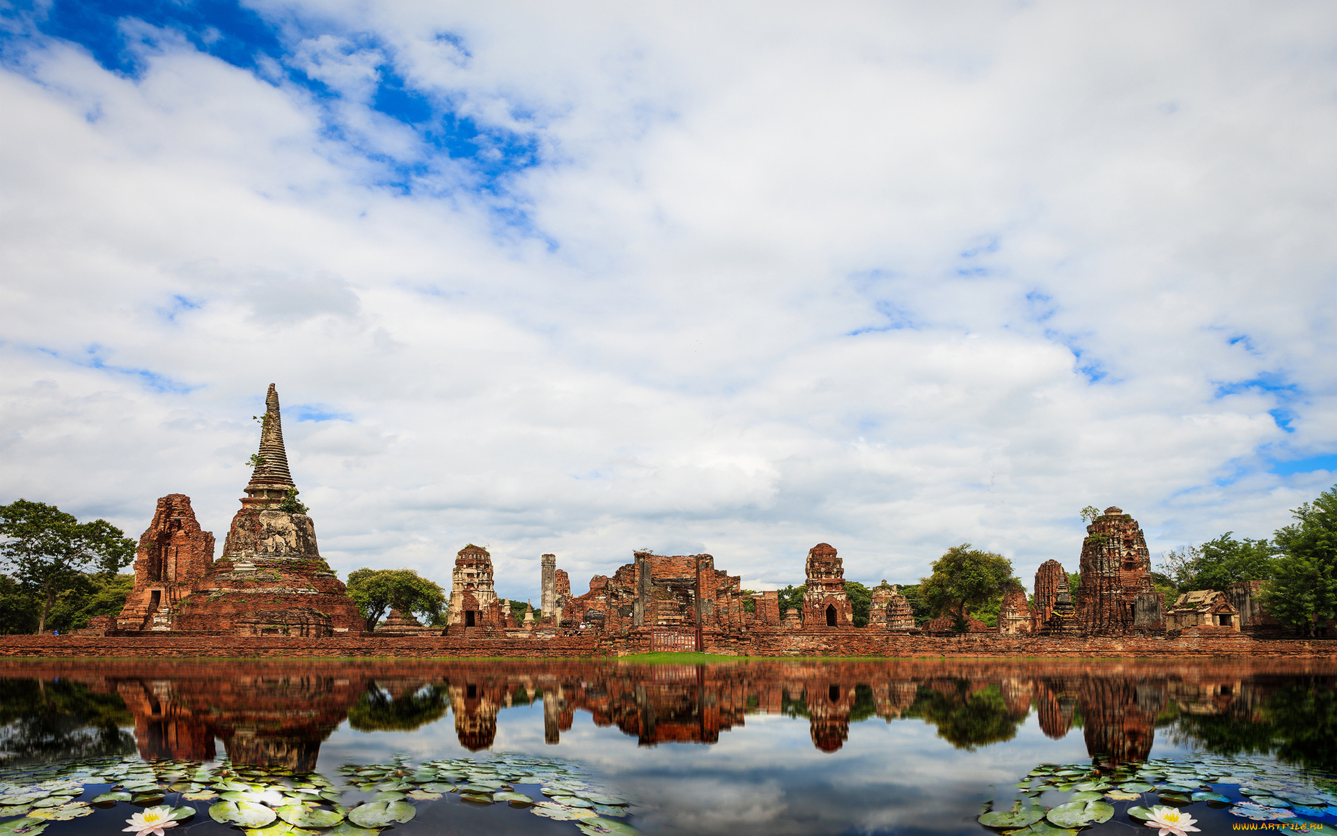 ayutthaya, historical, park, , thailand, города, -, исторические, , архитектурные, памятники, архитектура, тайланд, храм, thailand, древность, круглые, листья, пруд