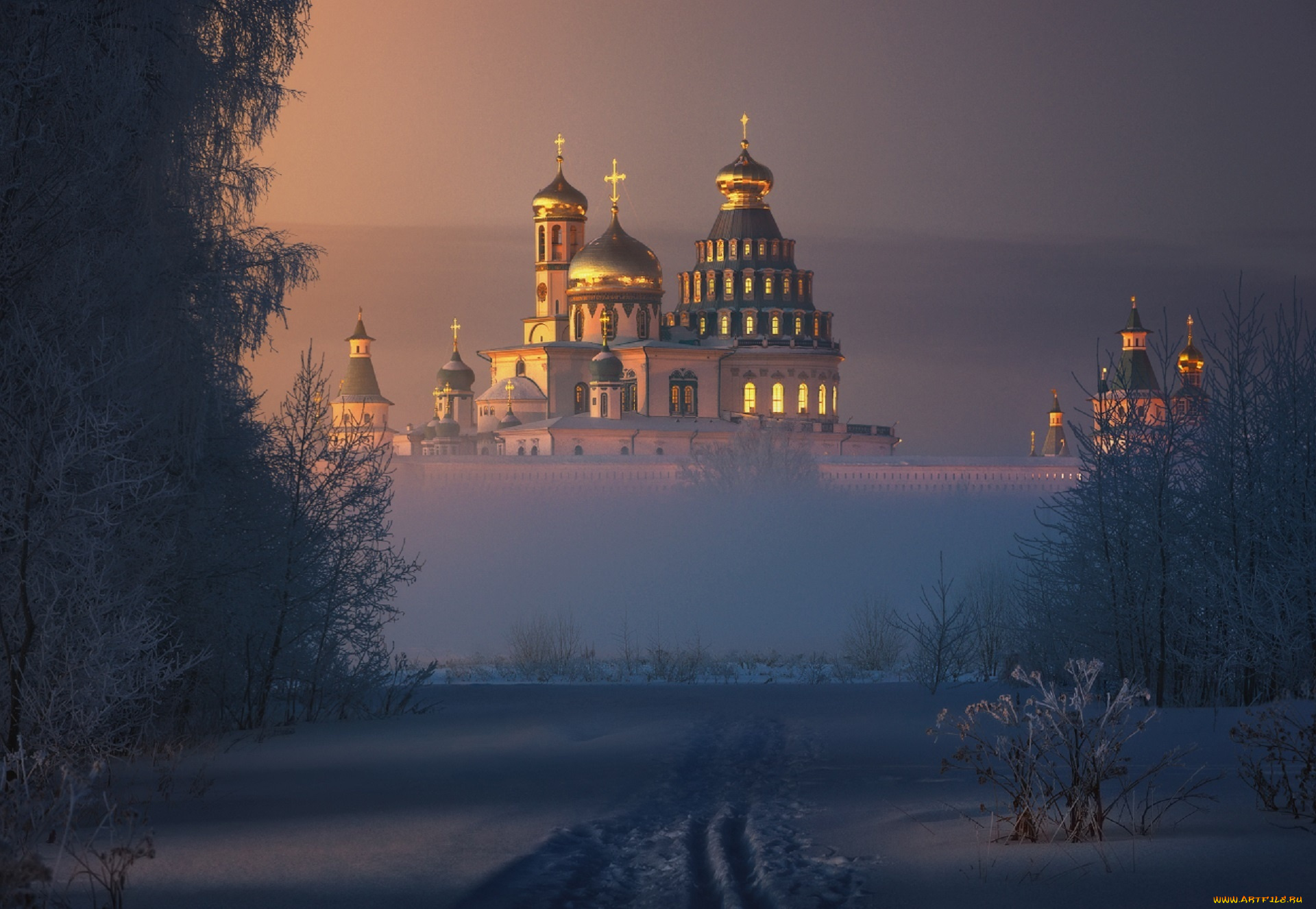 города, -, православные, церкви, , монастыри, новый, иерусалим, собор, купола, кресты, свет, солнца, дымка, тумана, снег, ilya, melikhov