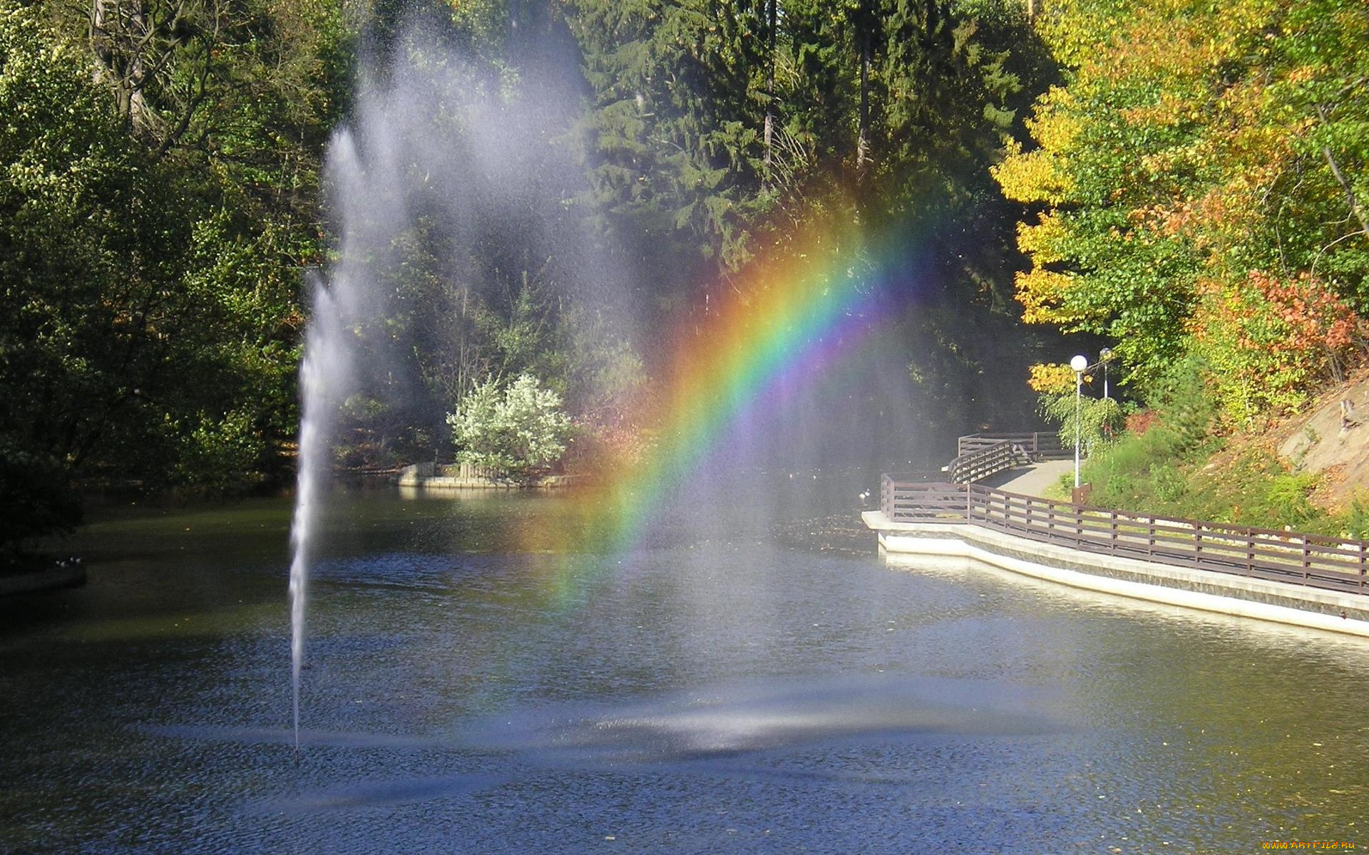 природа, парк, озеро, фонтан, радуга