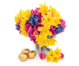 Картинка праздничные пасха тюльпаны нарциссы праздник яйца цветы ведро фон
