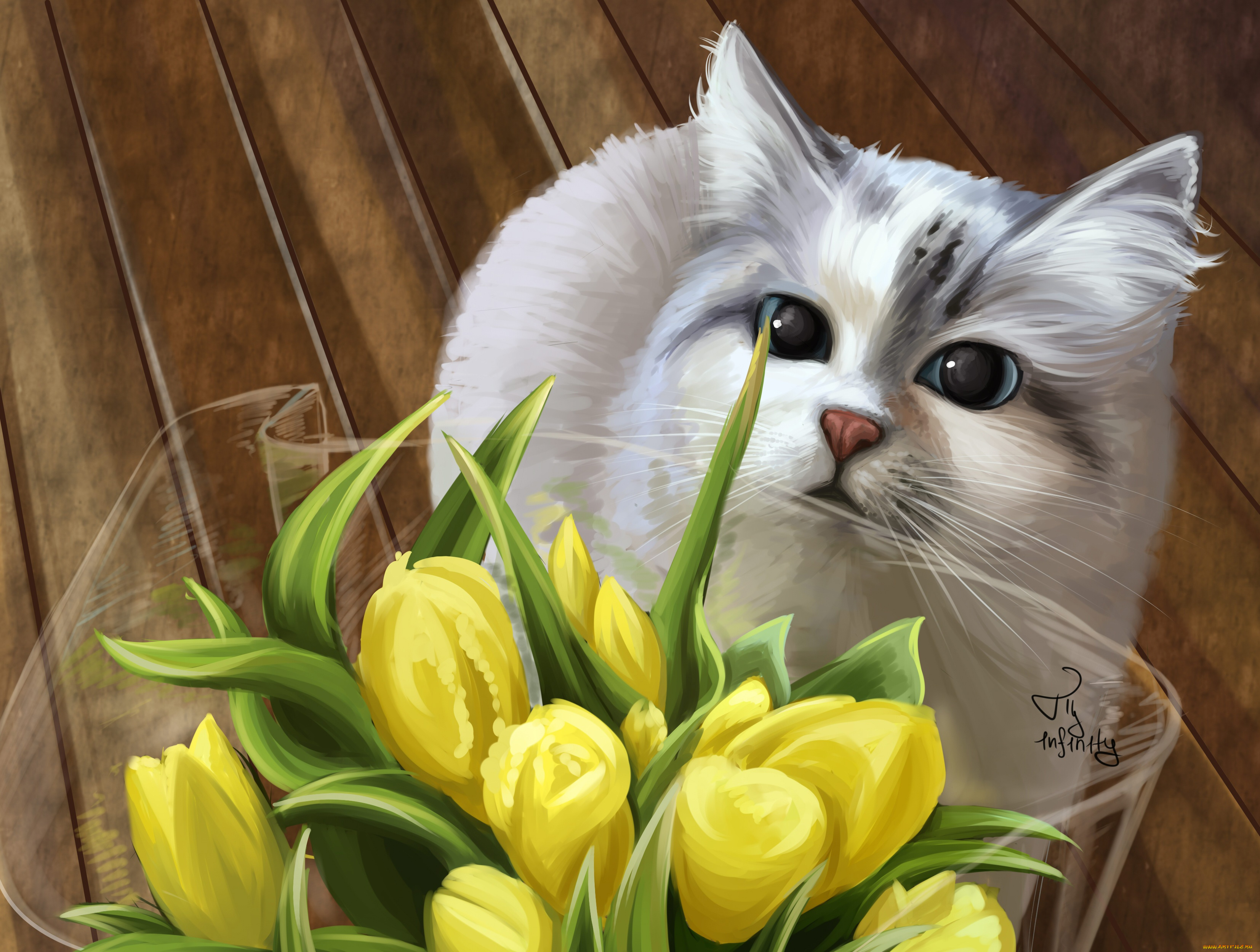 рисованное, животные, , коты, кошка, тюльпаны, букет