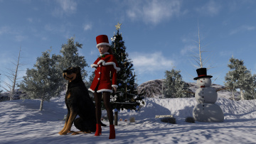 Картинка 3д+графика праздники+ holidays девушка фон взгляд собака снеговик