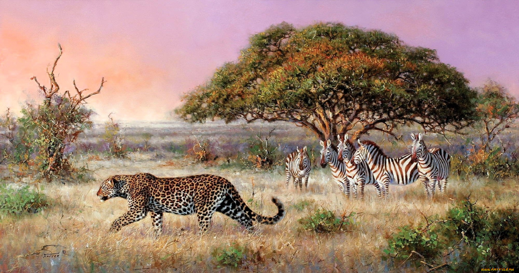 рисованное, eric, forlee, саванна, зебры, леопард, деревья