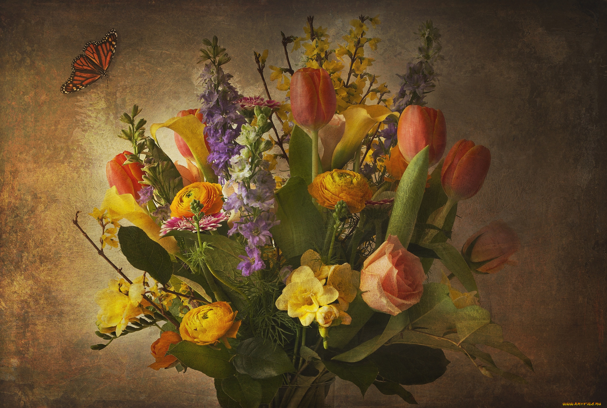 цветы, букеты, , композиции, тюльпаны, дельфиниум, розы, ранункулюс, бабочка