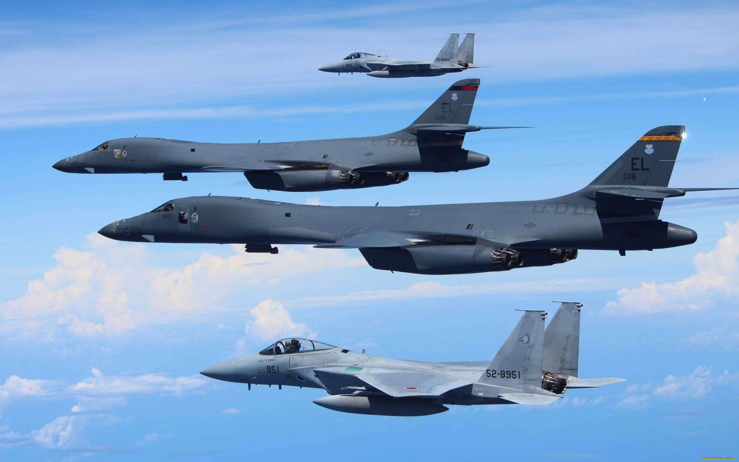авиация, боевые, самолёты, полет, небо, rockwell, b-1b, lancers, f-15s