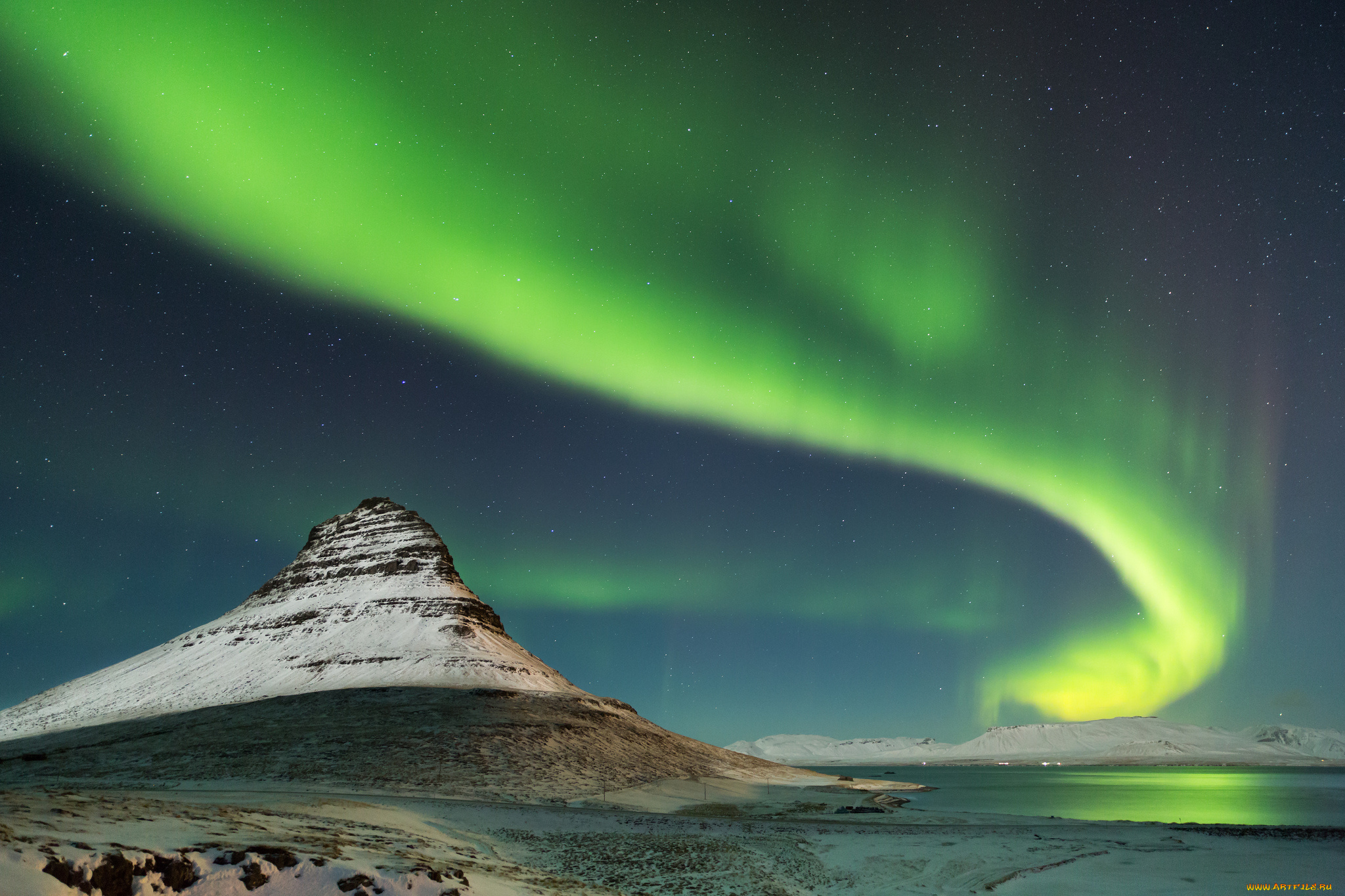 природа, северное, сияние, исландия, kirkjufell, гора, снег, ночь