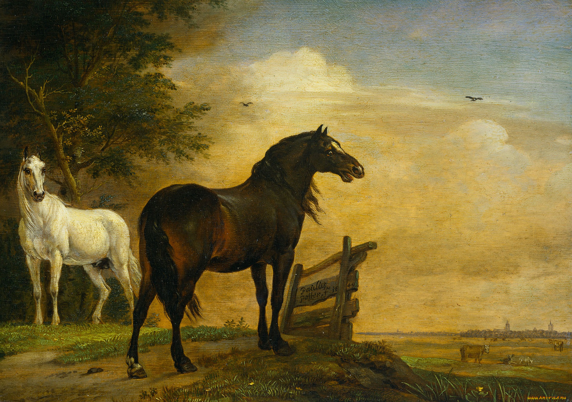 рисованное, животные, , лошади, паулюс, поттер, масло, дерево, две, лошади, на, пастбище, с, забором, картина