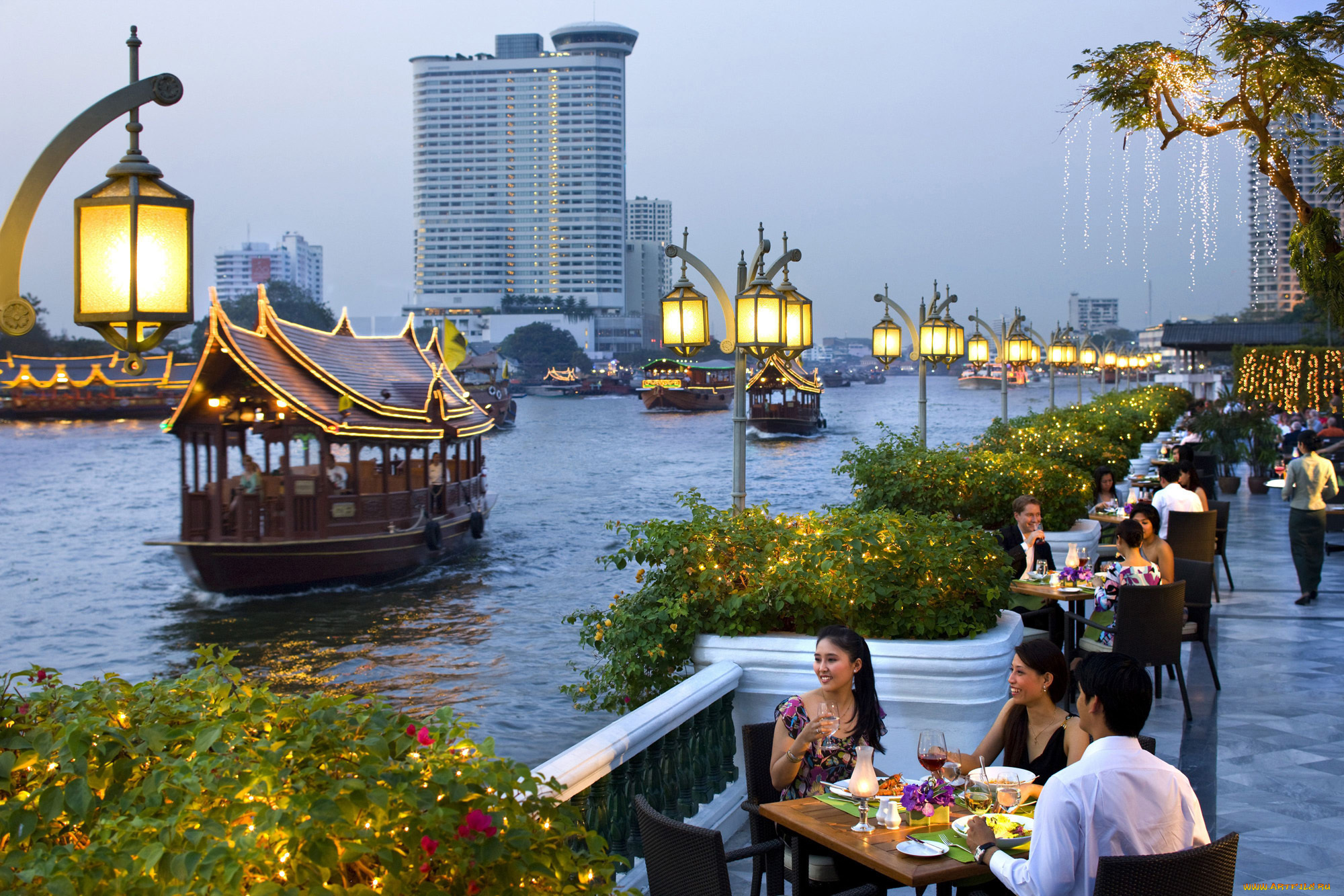 города, бангкок, , таиланд, здания, река, лодки, кафе, люди