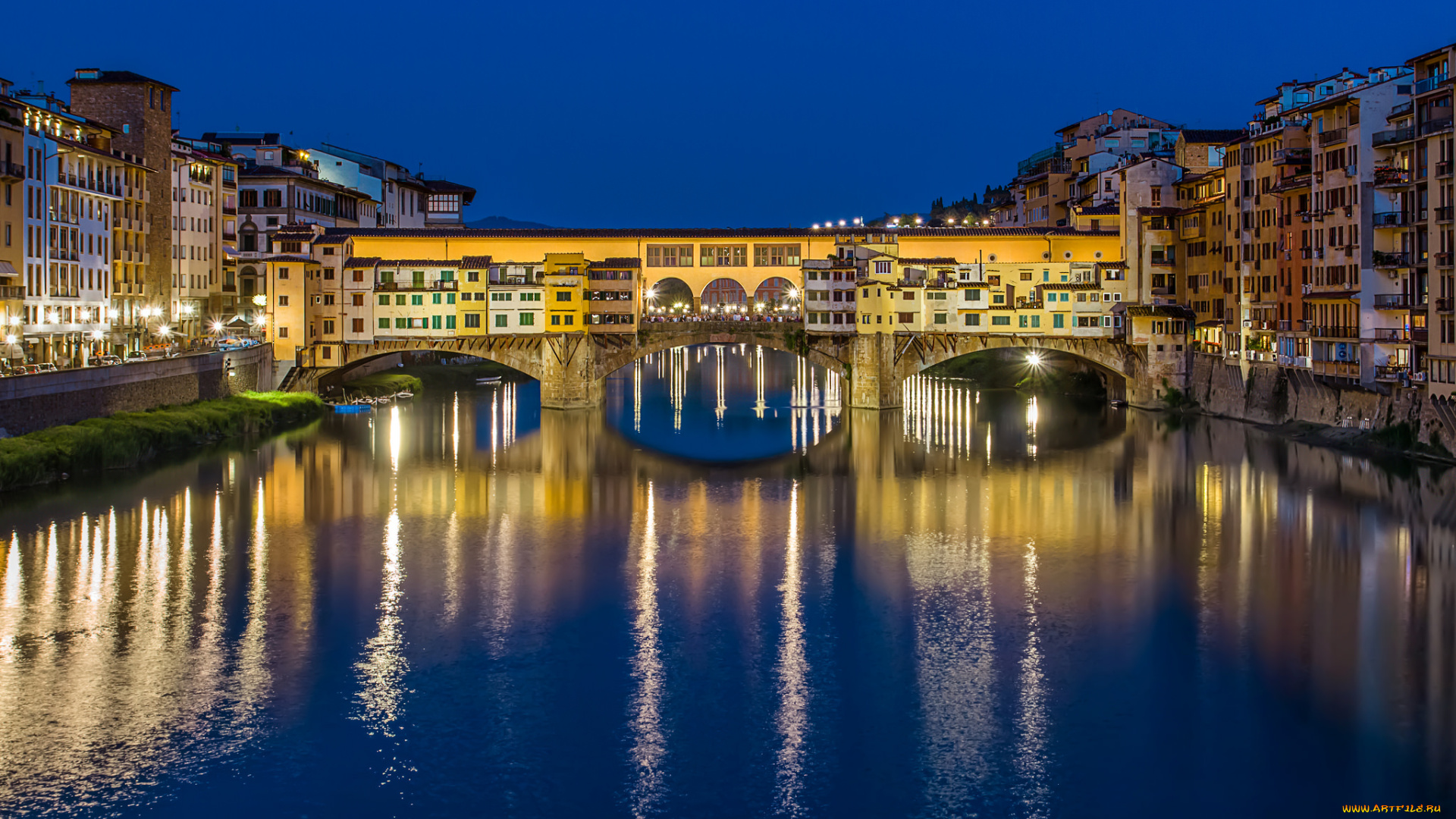 ponte, vecchio, города, флоренция, , италия, мост, огни, река, ночь