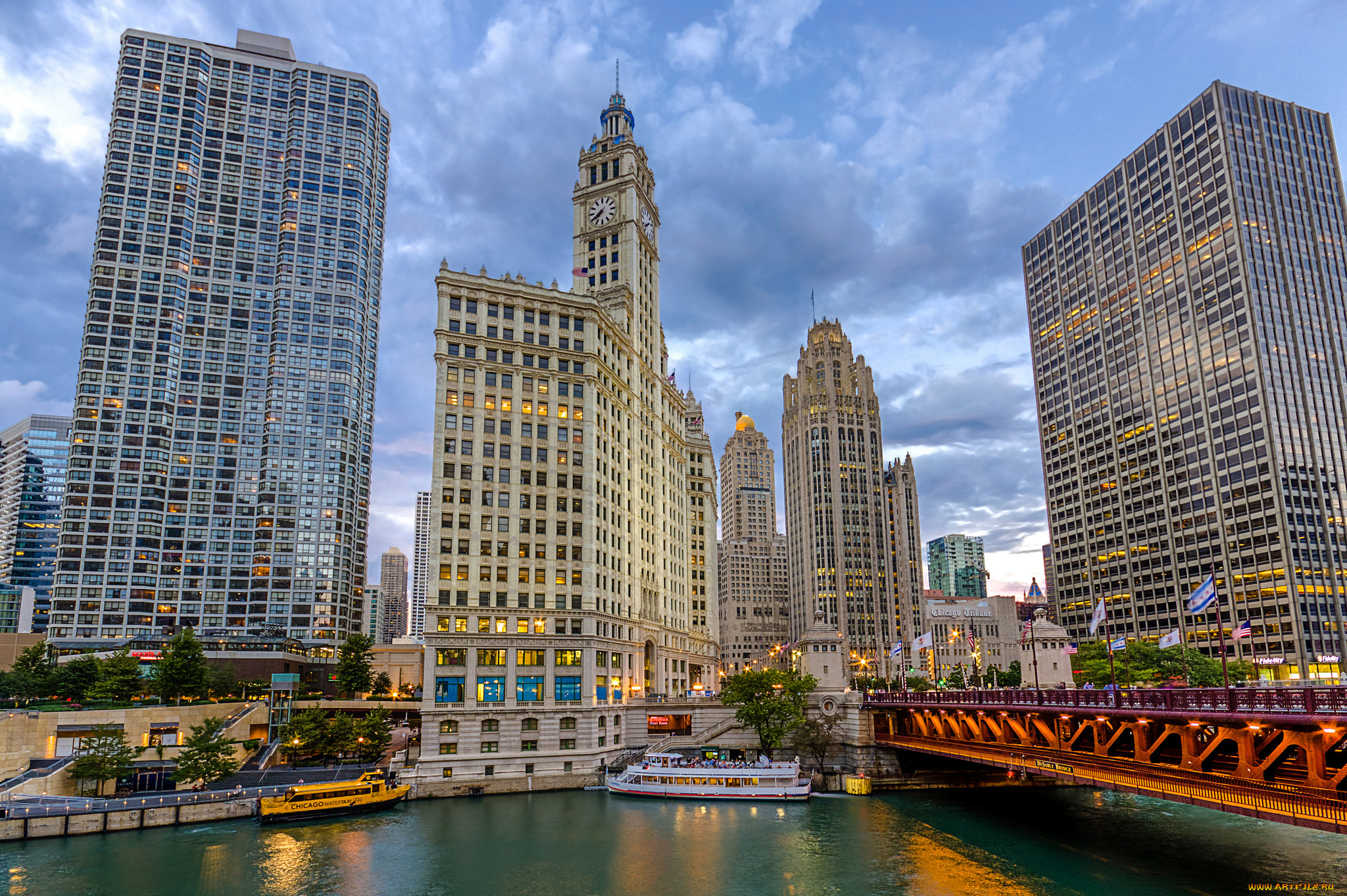 wrigley, &, tribune, города, -, мосты, река, здания, мост