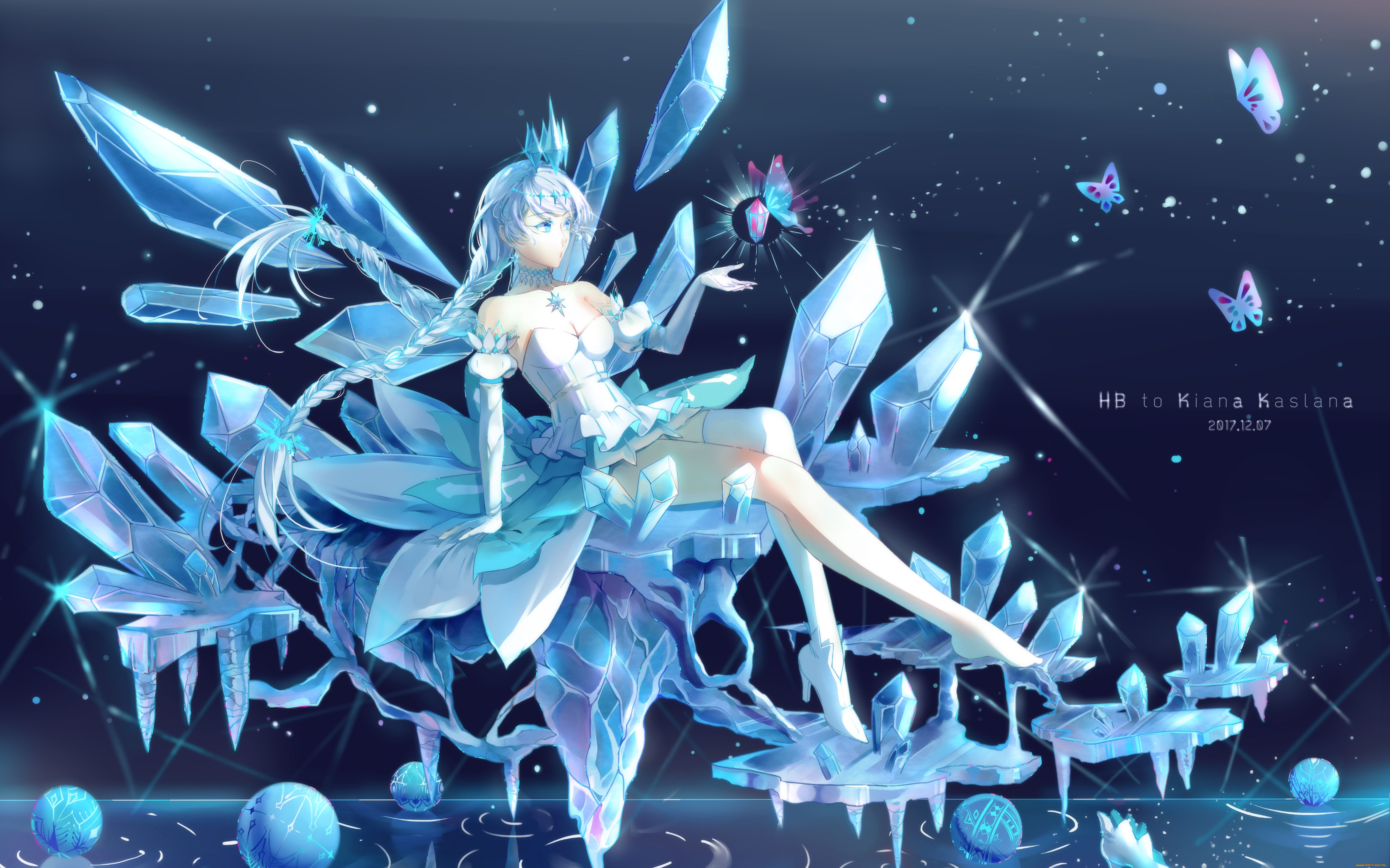 аниме, unknown, , другое, , девушка, кристаллы, лед, вода, бабочки