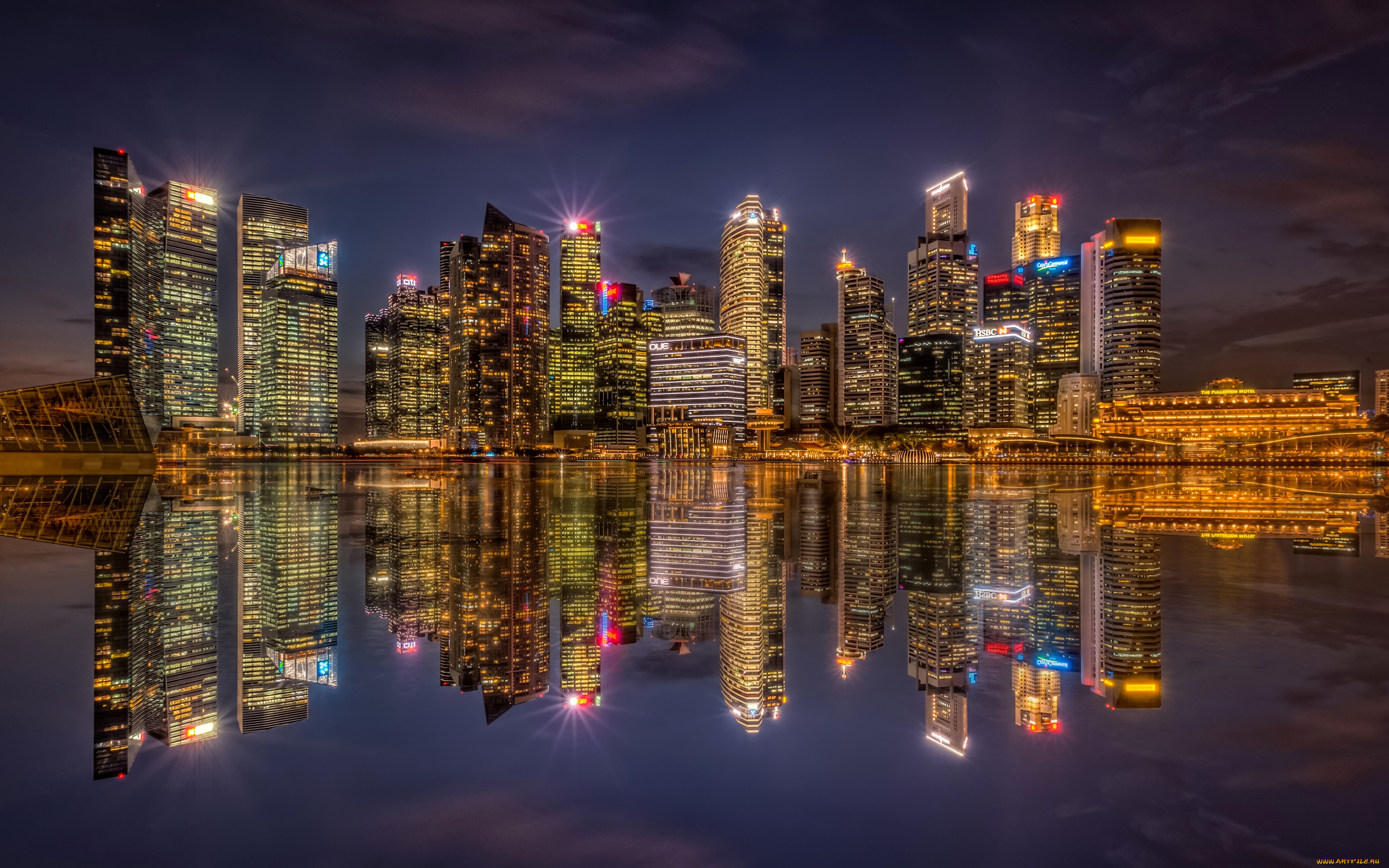города, сингапур, , сингапур, отражение, огни, ночь, небоскребы, побережье, залив