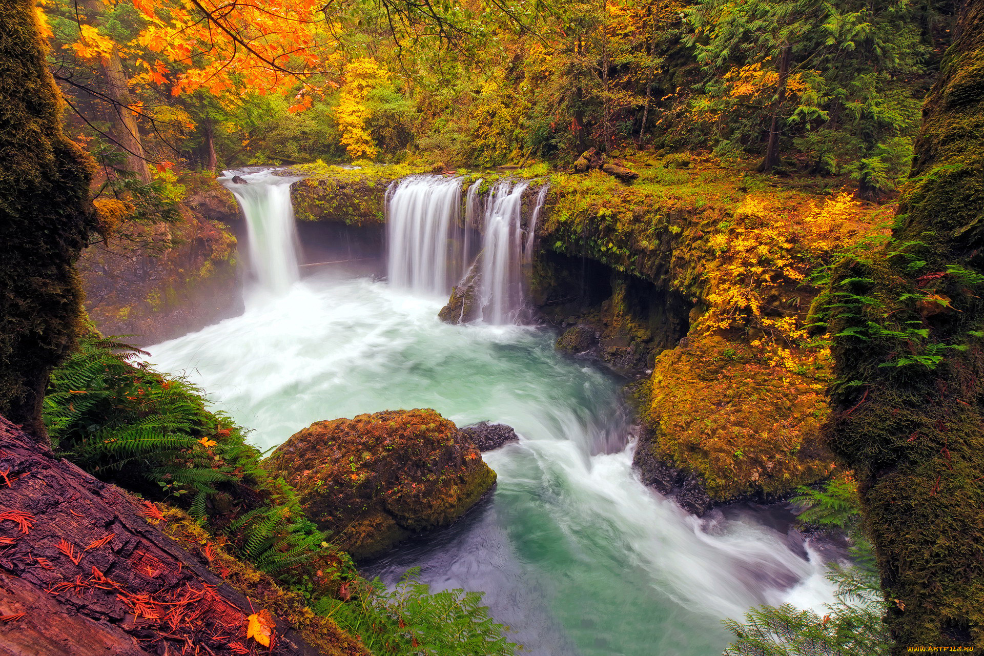 природа, водопады, осень, листопад, водопад