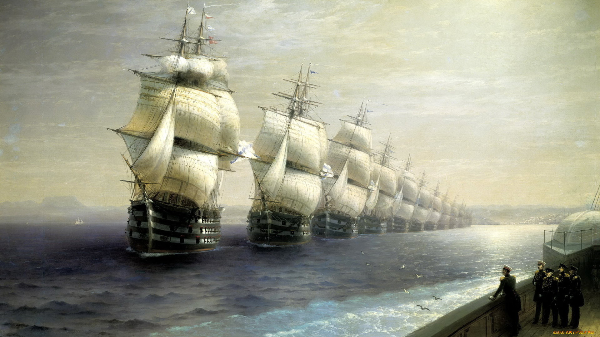 иван, айвазовский, смотр, Черноморского, флота, 1849, рисованные, море, парусники