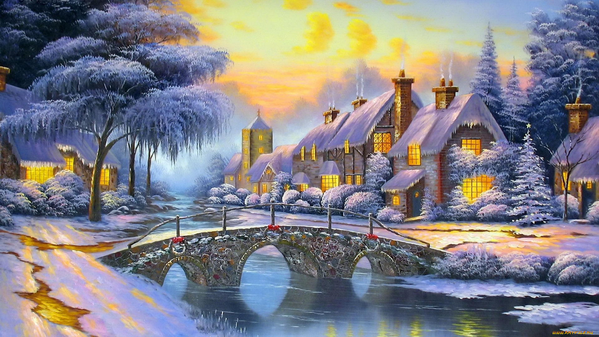 рисованное, города, река, мост, снег, небо, зима, alexander, kalinin, вечер, дома, улица