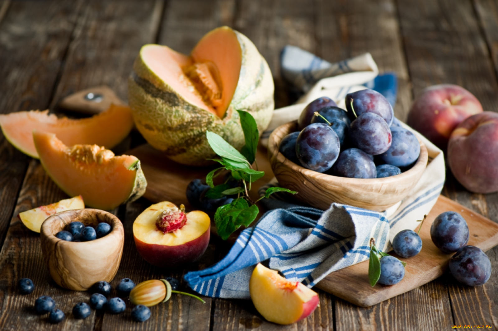 еда, фрукты, ягоды, дыня, сливы, персик, голубика