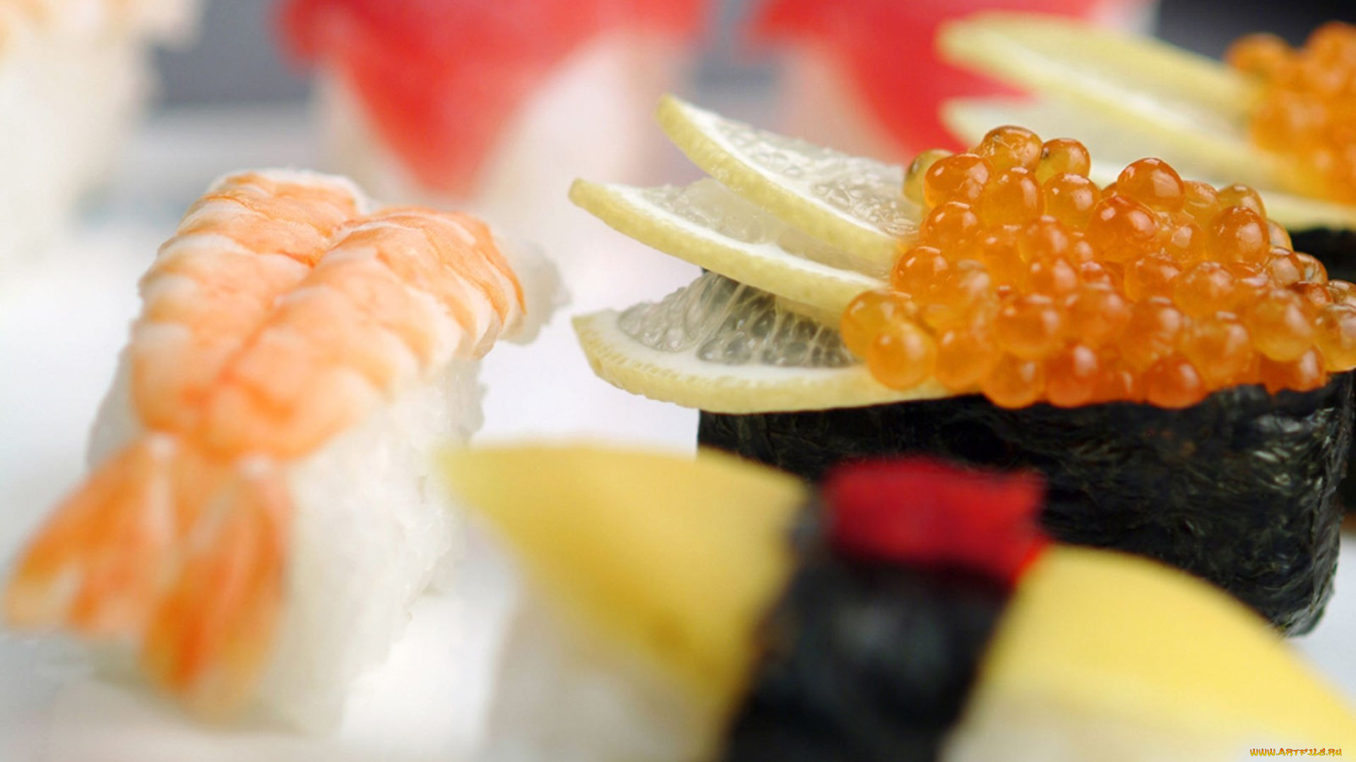 еда, рыба, морепродукты, суши, роллы, икра, лимон