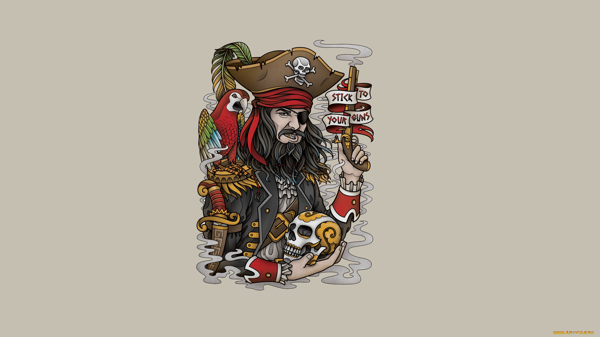 рисованное, минимализм, птица, попугай, pirate, оружие, борода, перья, скелет, голова, надпись, череп, пират