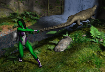 Картинка 3д графика fantasy фантазия крокодил девушка лес река