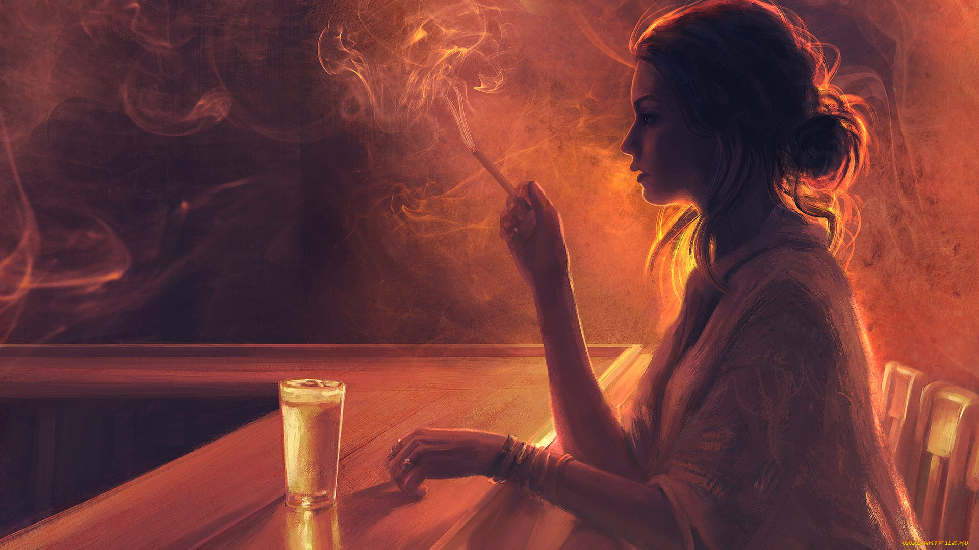 рисованное, люди, девушка, бар, сигарета, стакан, дым