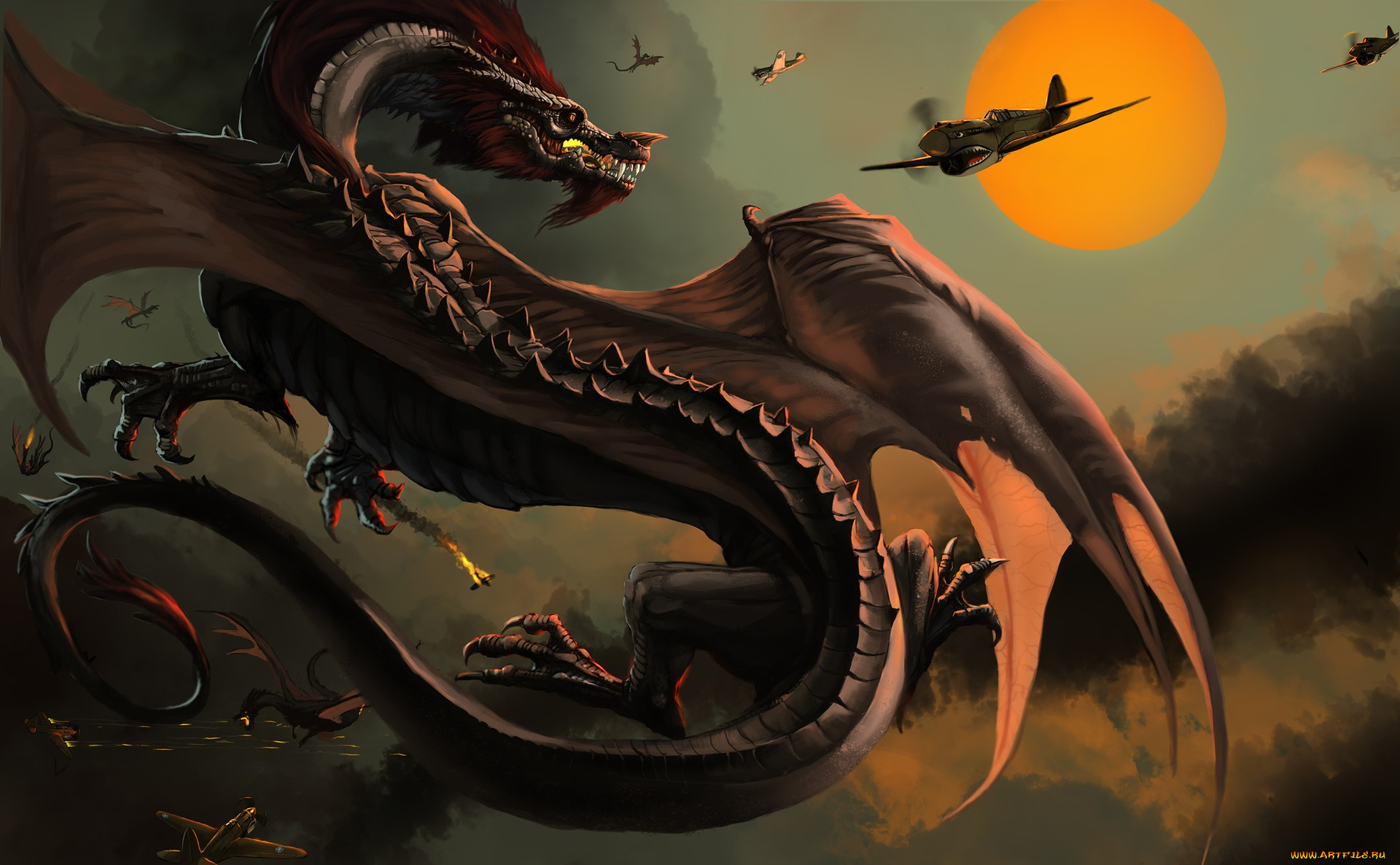 фэнтези, драконы, битва, бой, самолеты, монстры, арт, dragon
