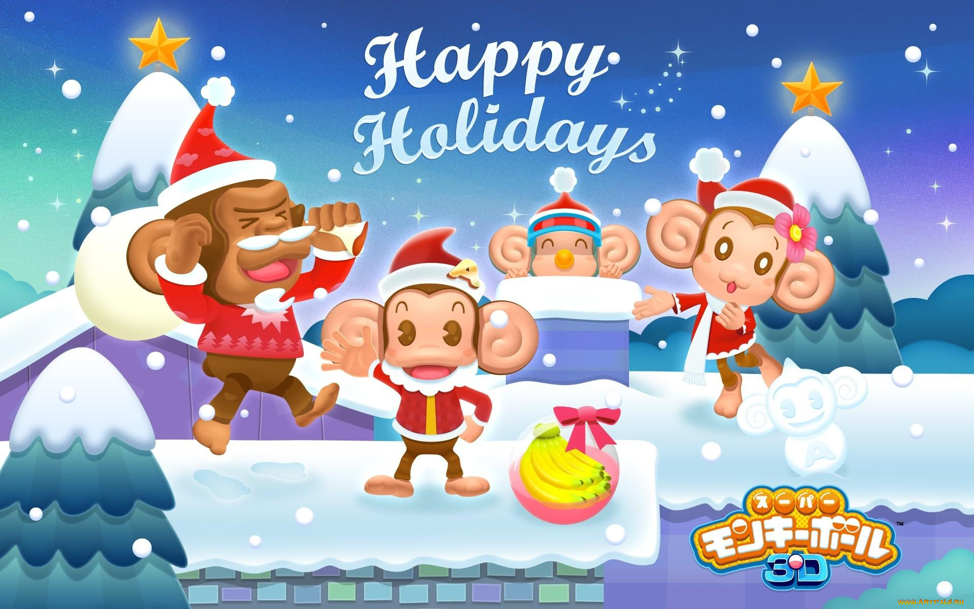 праздничные, векторная, графика, новый, год, обезьяны, снежки, снег, крыша, елки
