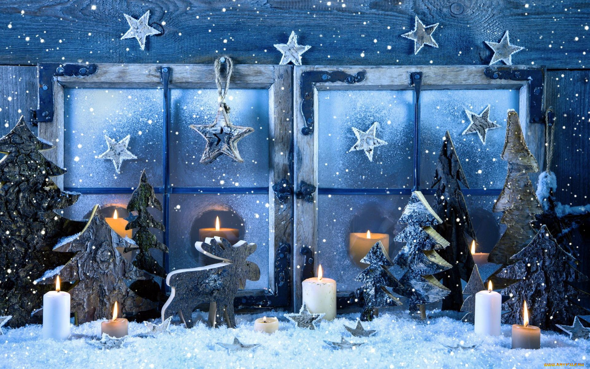 праздничные, фигурки, окно, ёлки, снег, звездочки, свечи, лось