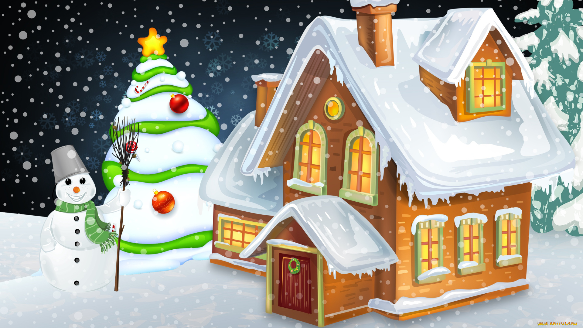 праздничные, векторная, графика, , новый, год, зима, рождество, новый, год, праздник, дом, снеговик, снежинки, Ёлка, снег, домик, елка, минимализм, настроение