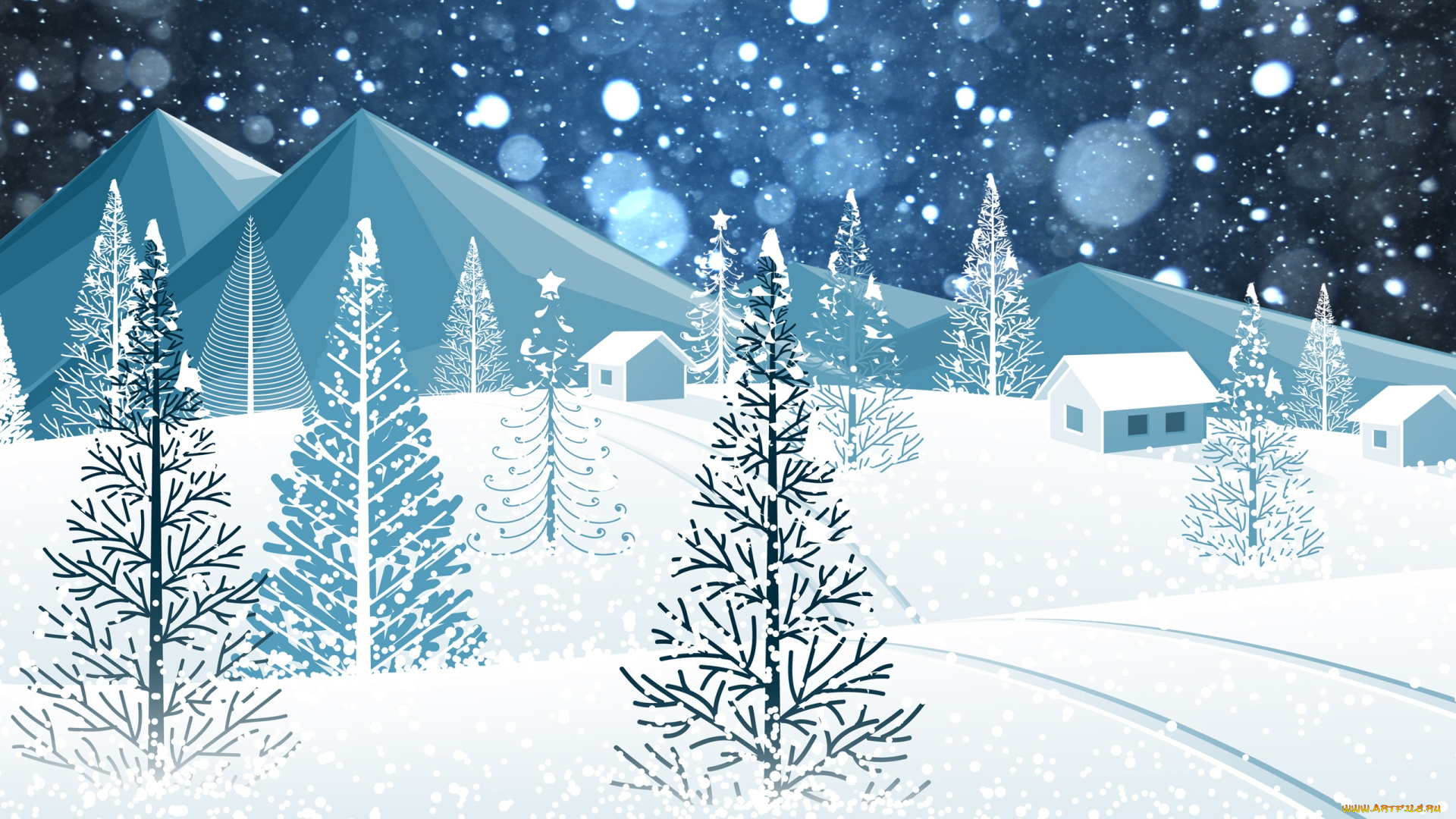 векторная, графика, природа, , nature, праздник, снег, горы, лес, Ёлки, минимализм, зима, рождество, елки, снежинки, новый, год, настроение