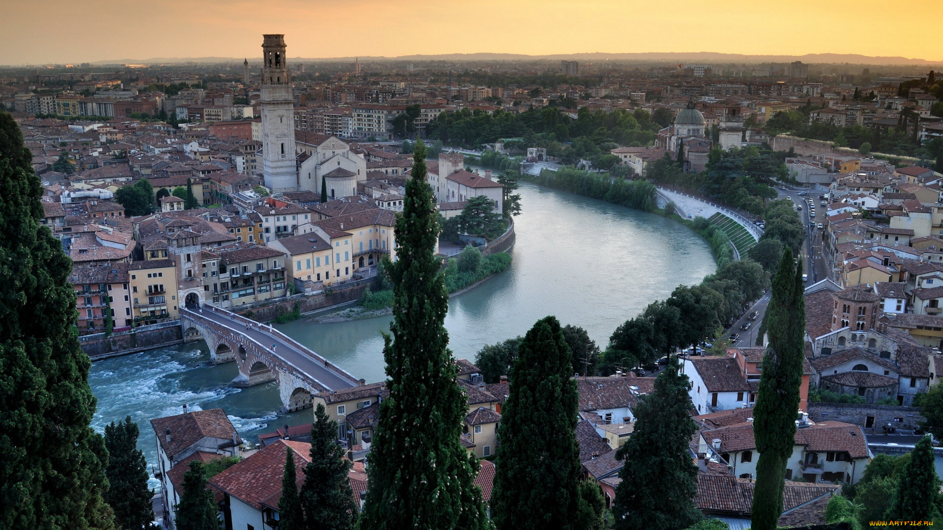 города, верона, , италия, река, мост, панорама