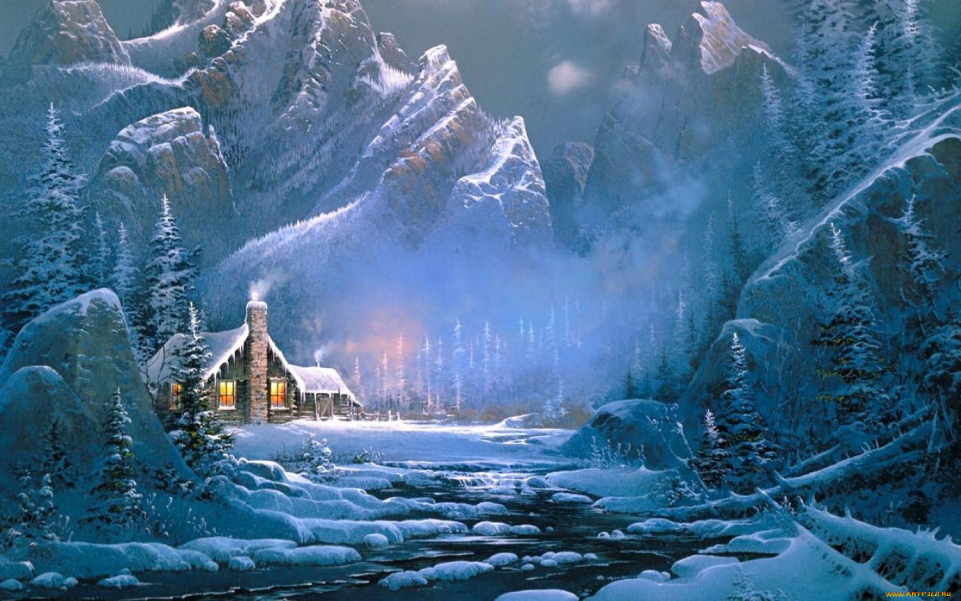 рисованное, природа, дом, горы, лес, река, снег, зима