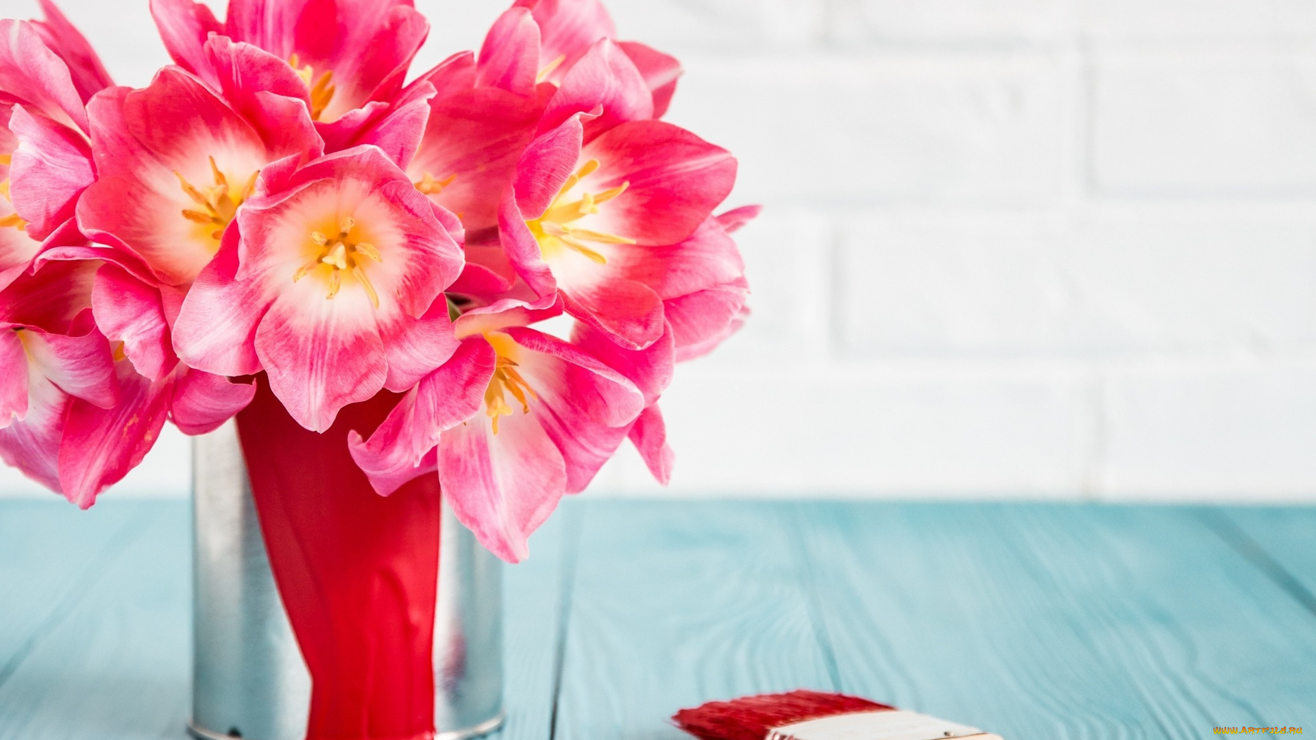 цветы, тюльпаны, розовые, кисть, краска, банка, букет, стол