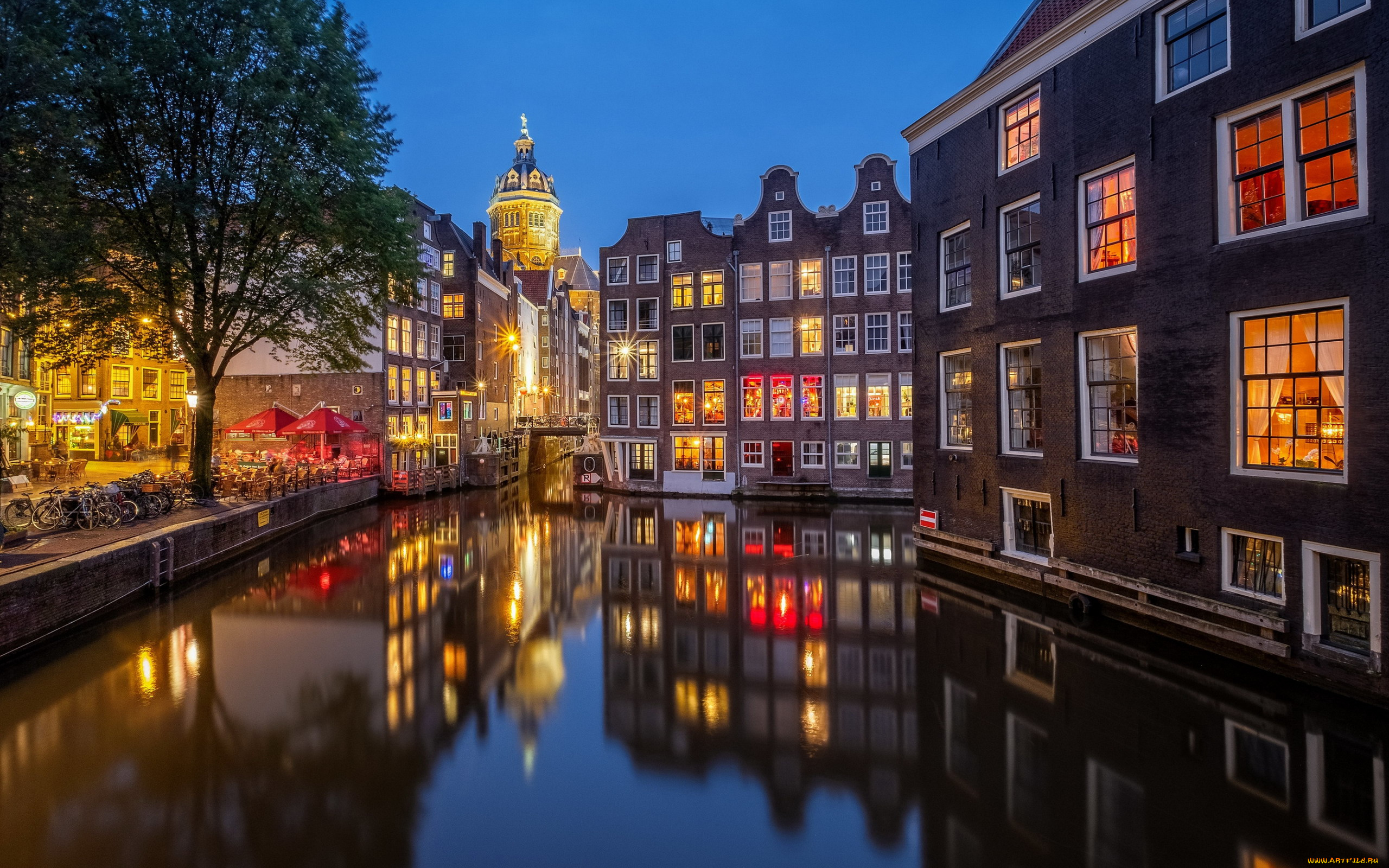 города, амстердам, , нидерланды, канал, лодки, дома, вечер, огни