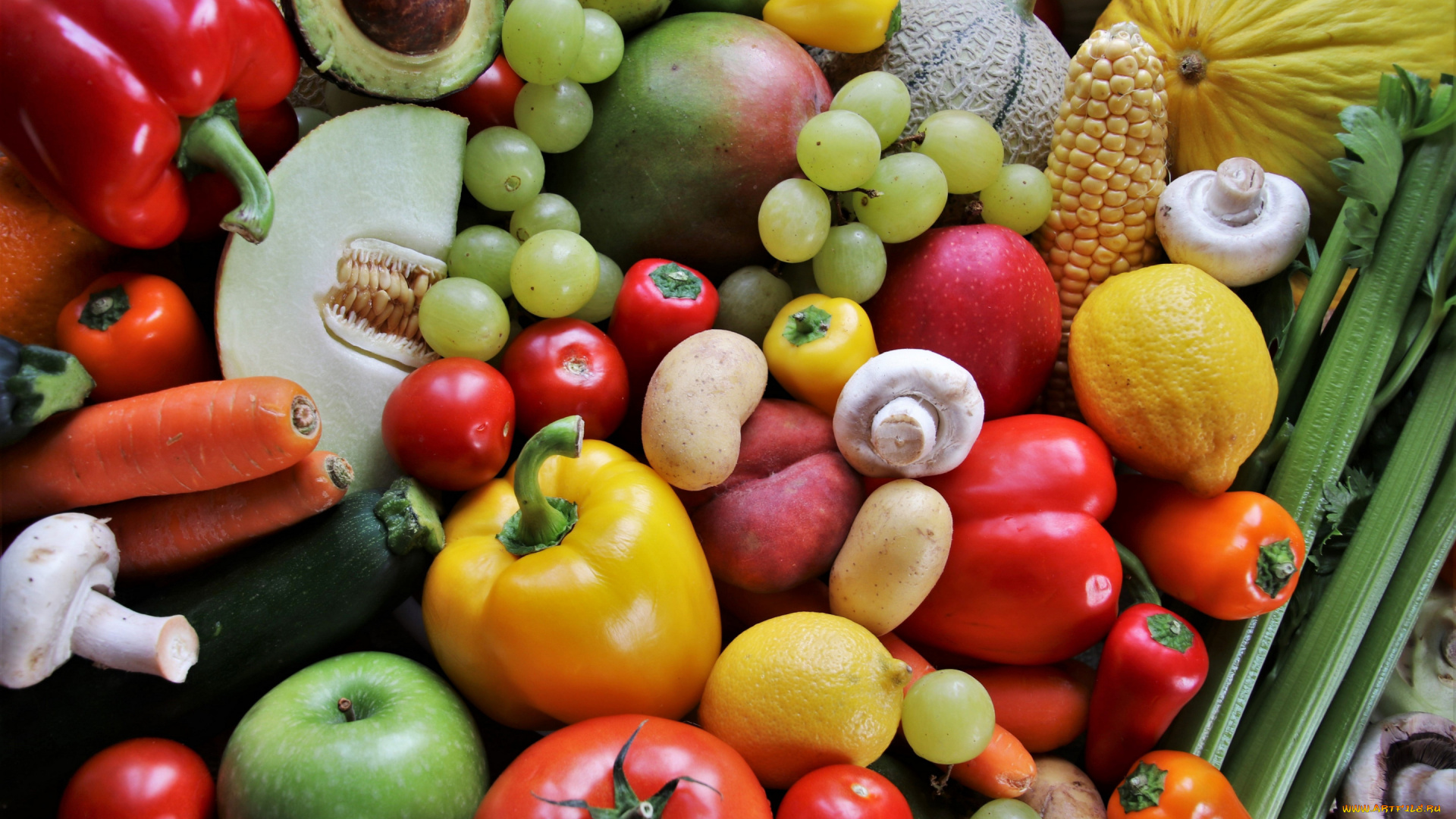 еда, фрукты, и, овощи, вместе, авокадо, перец, морковь, помидоры, кукуруза