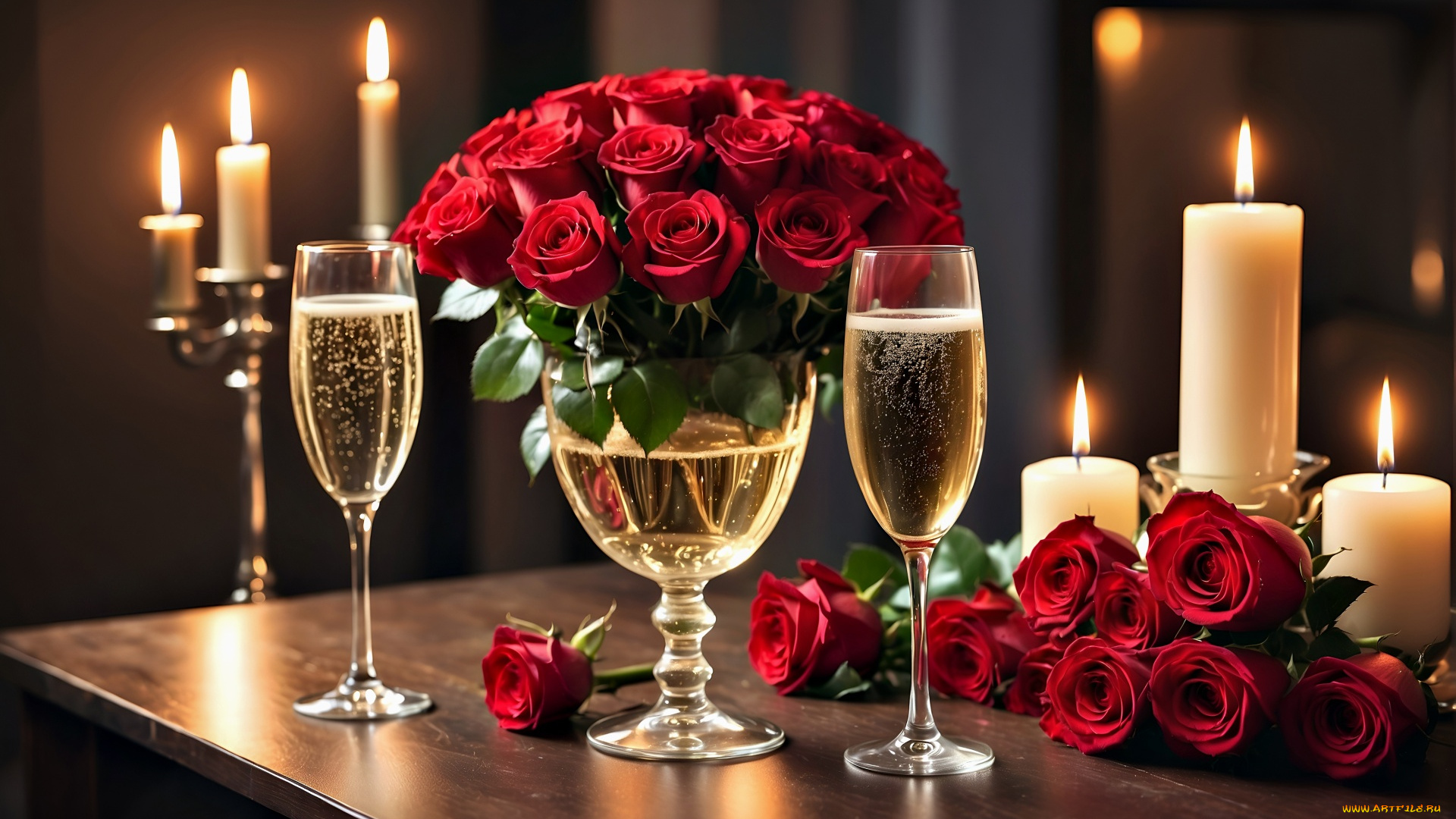 еда, напитки, свечи, шампанское, розы