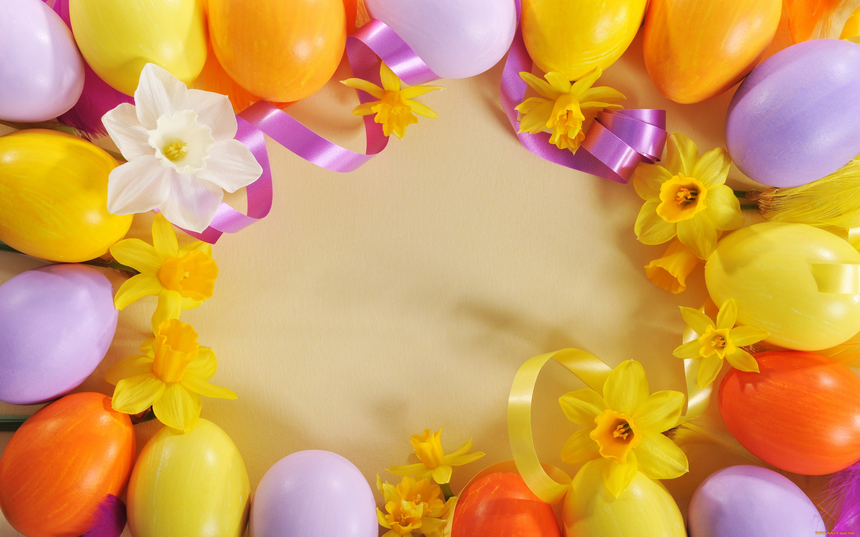 праздничные, пасха, яйца, цветы, нарциссы, eggs, easter, лента, spring, flowers