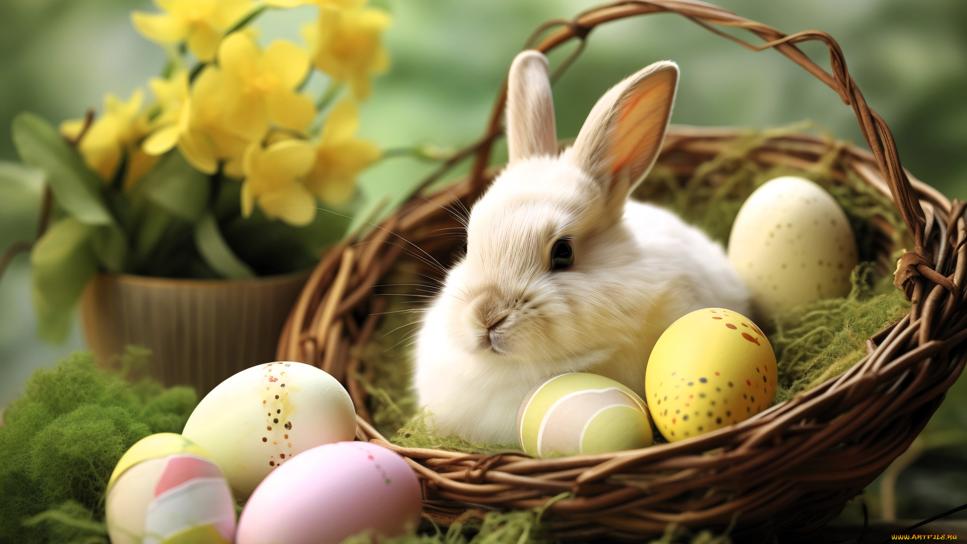 праздничные, пасха, кролик, корзина, яйца, цветы