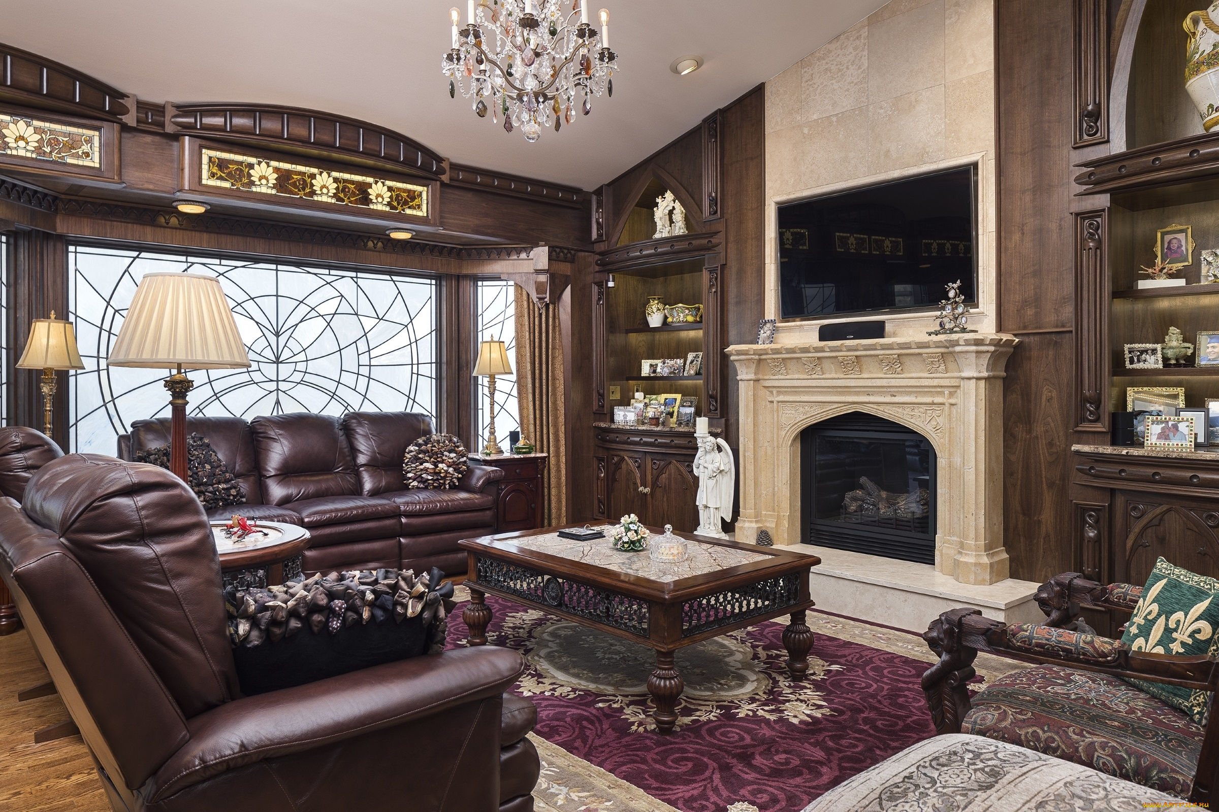 интерьер, гостиная, ковер, дерево, столик, кресло, диван, лампа, камин, декор, стиль, дизайн