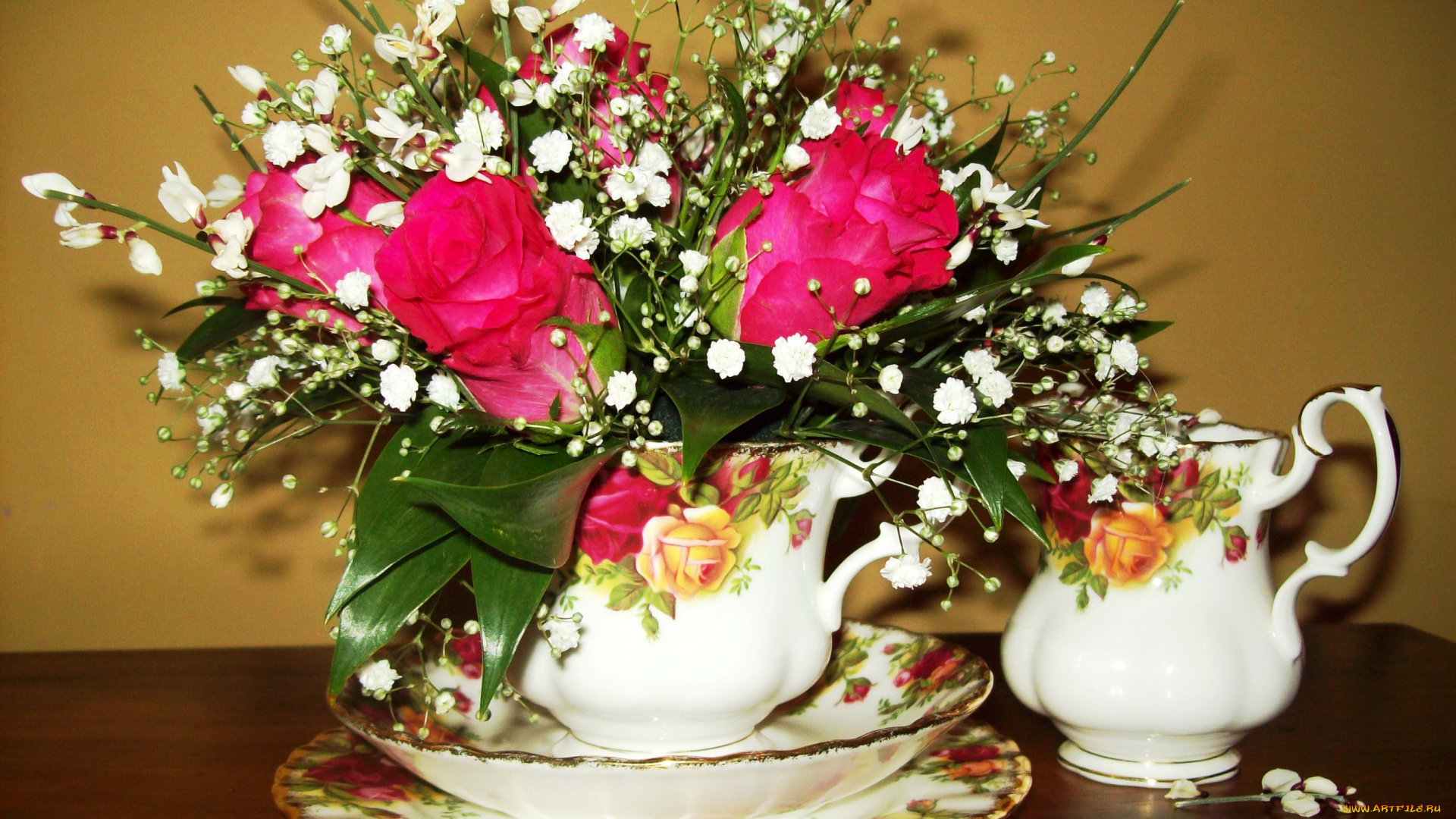 цветы, розы, композиция, чашка