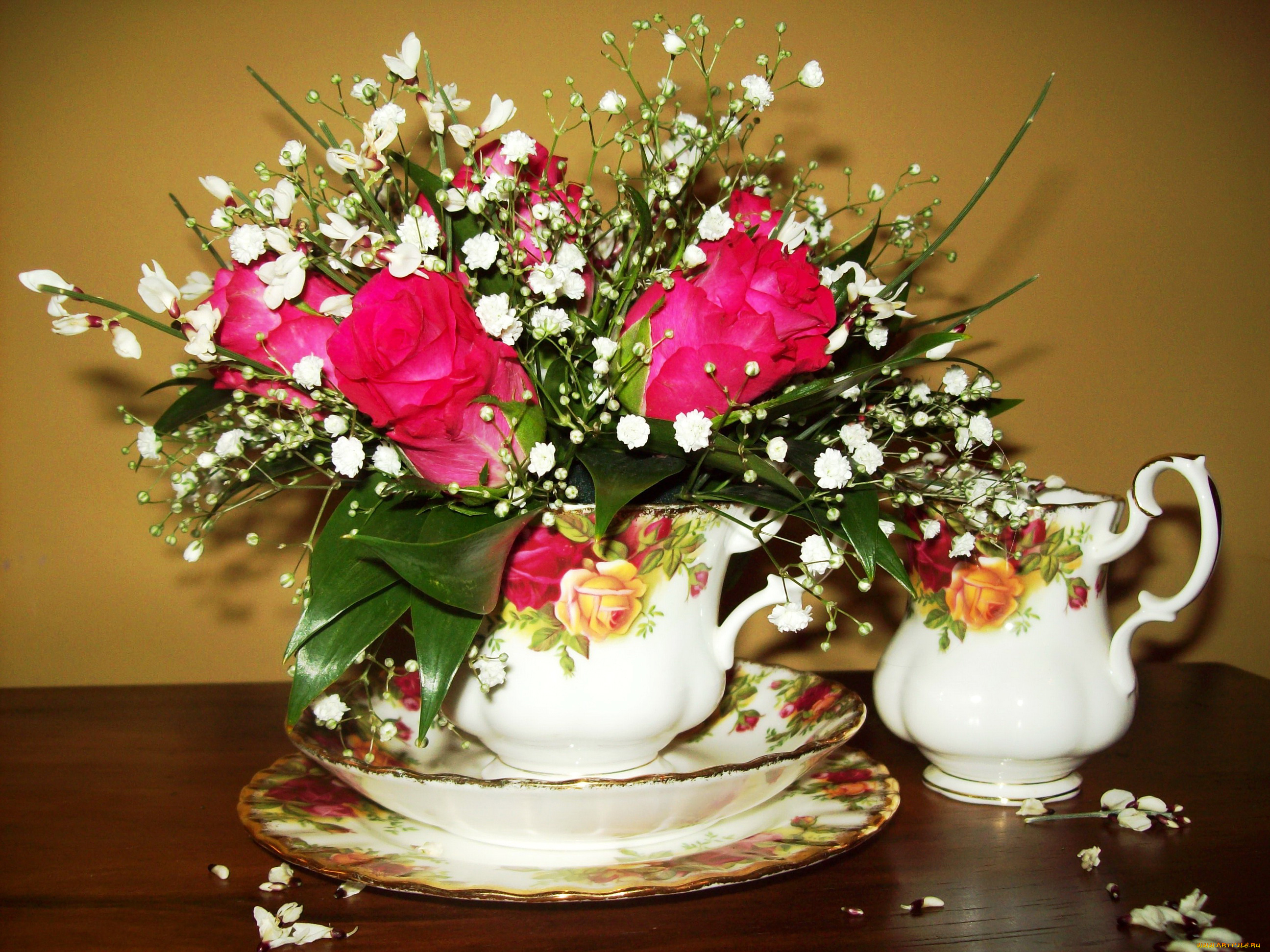 цветы, розы, композиция, чашка