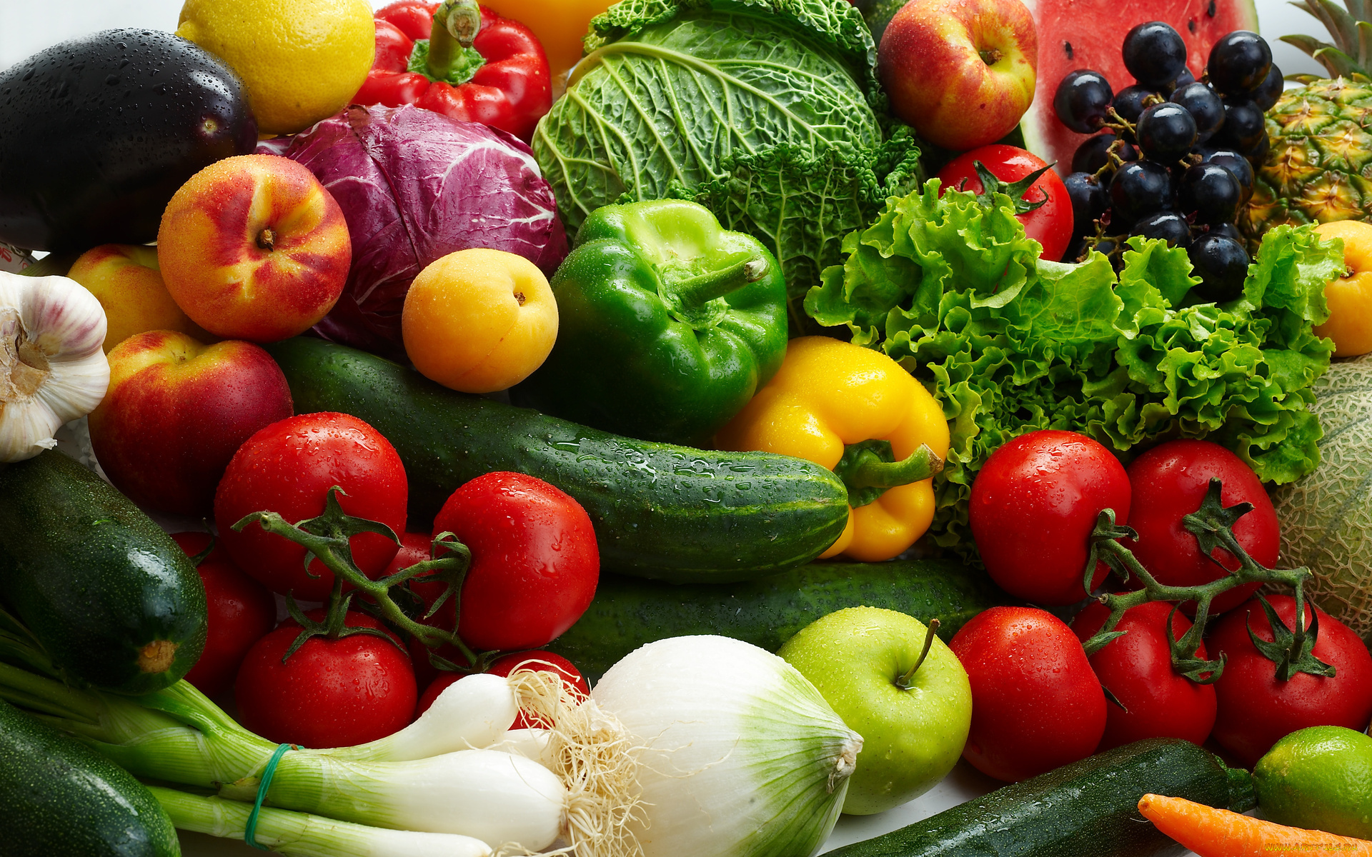 еда, овощи, зелень, помидоры, капуста, виноград, томаты, лук, перец, огурцы