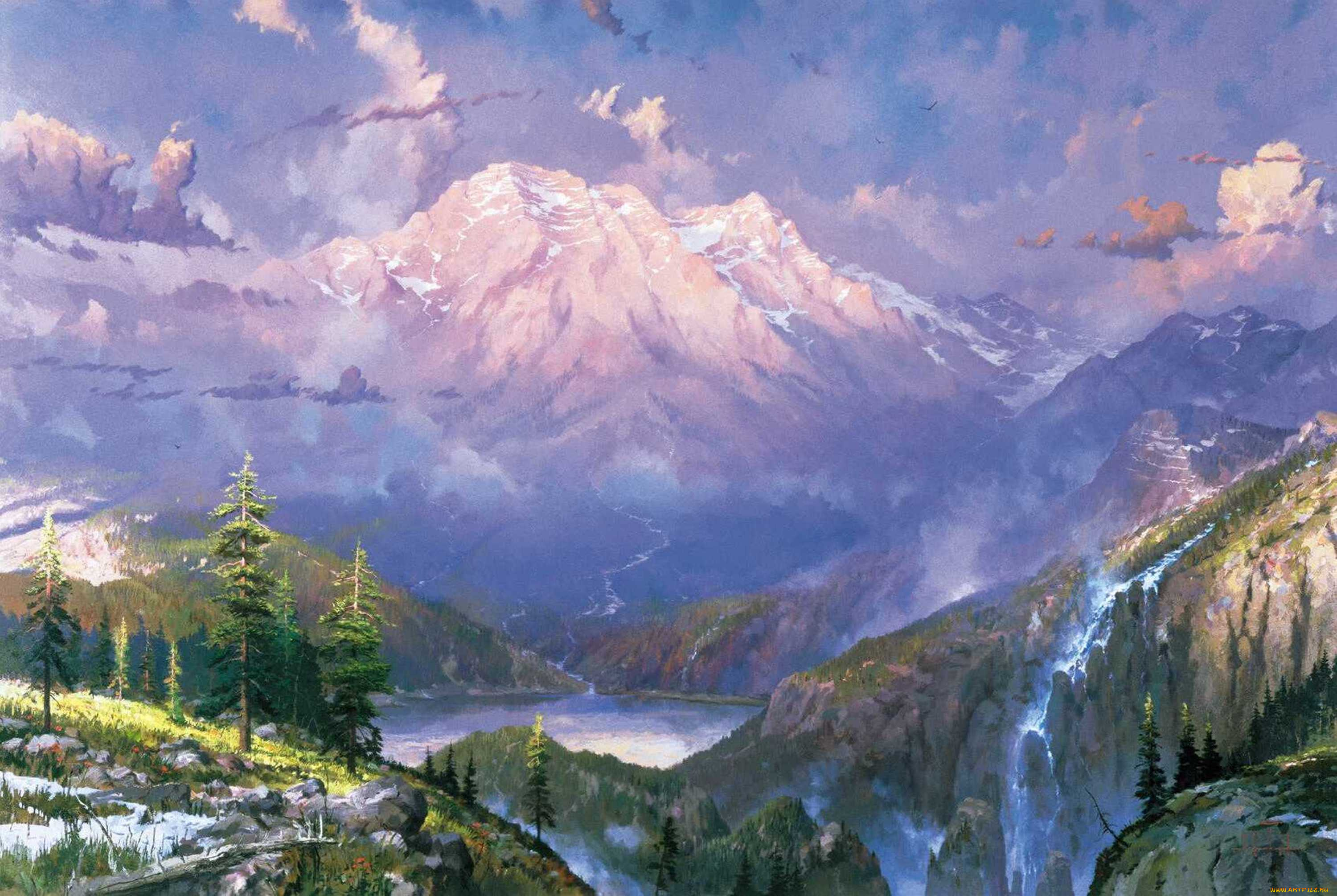 twilight, vista, рисованные, thomas, kinkade, природа, горы, снег, озеро