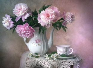 Картинка цветы разные+вместе чашка жасмин пионы