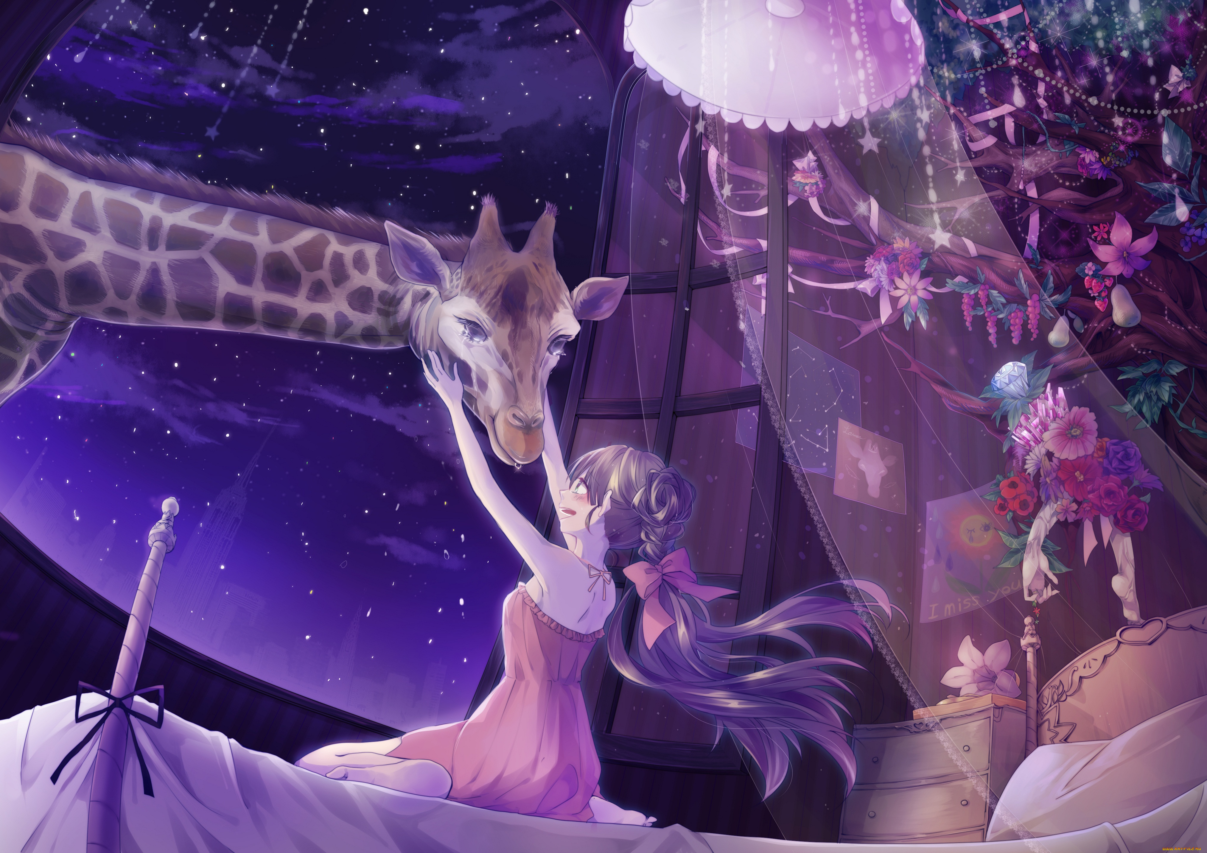аниме, -animals, &, creatures, девушка, животное, жираф, ткань, тюль, дерево, цветы, кровать, шатенка, бантики, ночь
