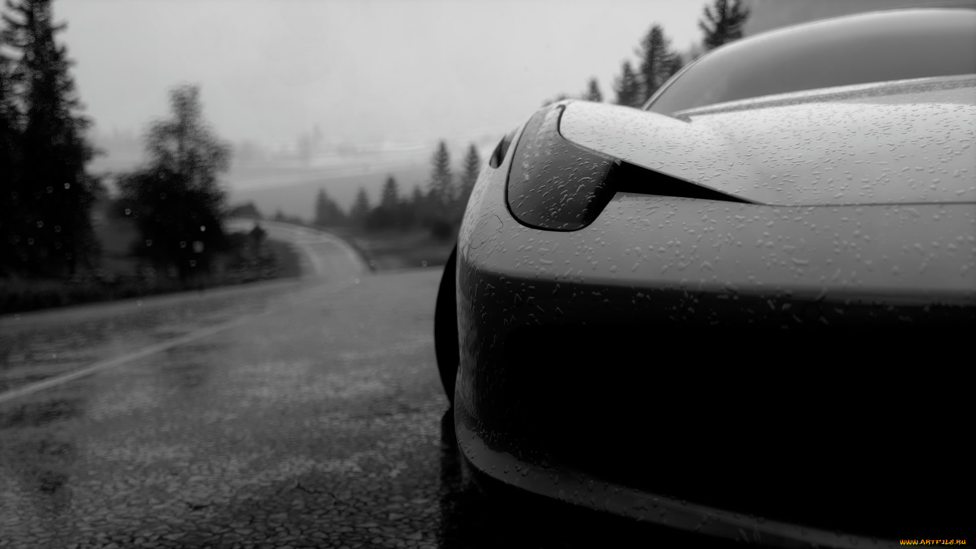 автомобили, фрагменты, автомобиля, черно-белый, дождь, дорога, обочина