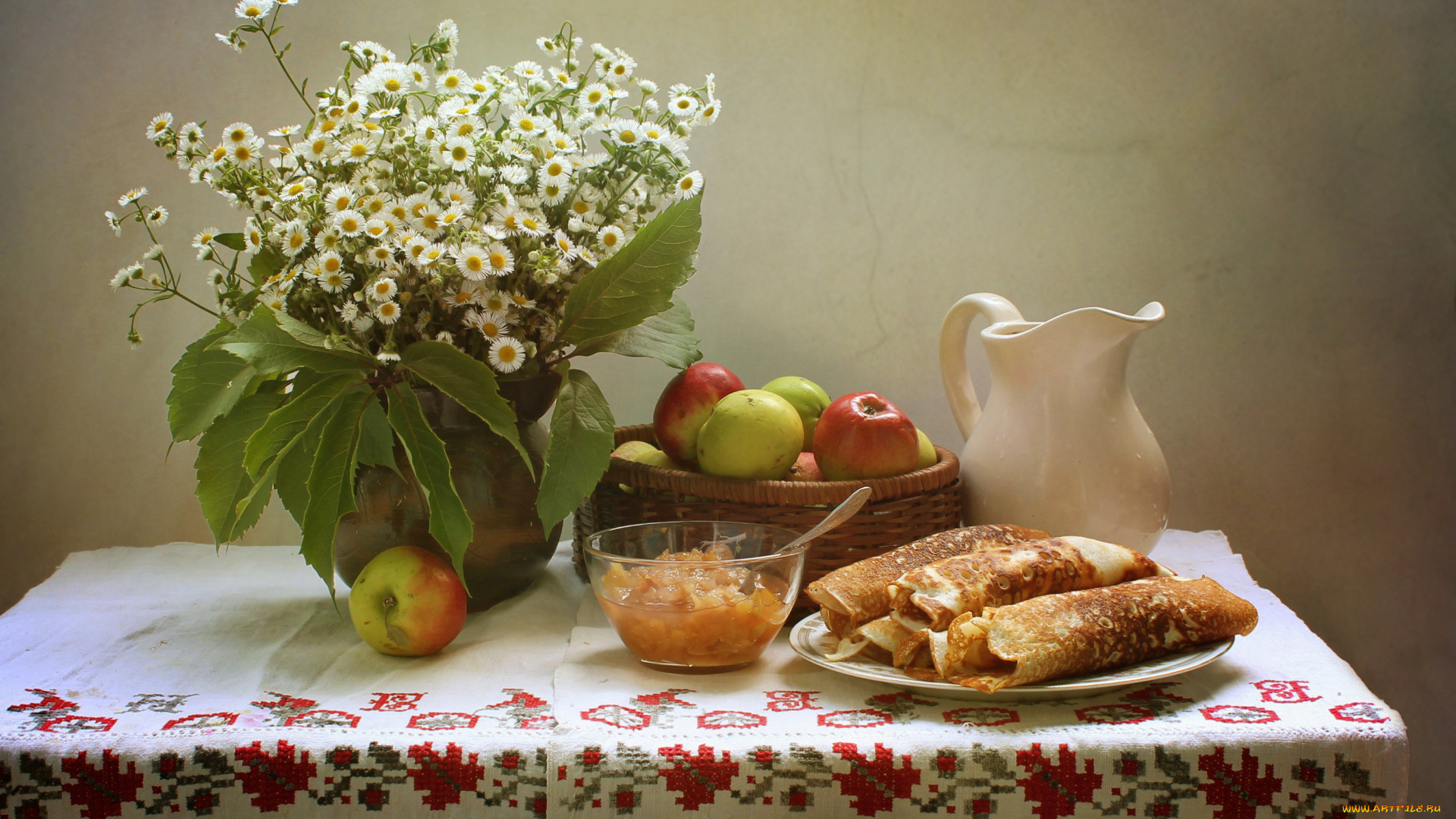 еда, натюрморт, яблоки, лето, яблочное, варенье, цветы, блины, кувшин, август, яблочный, спас