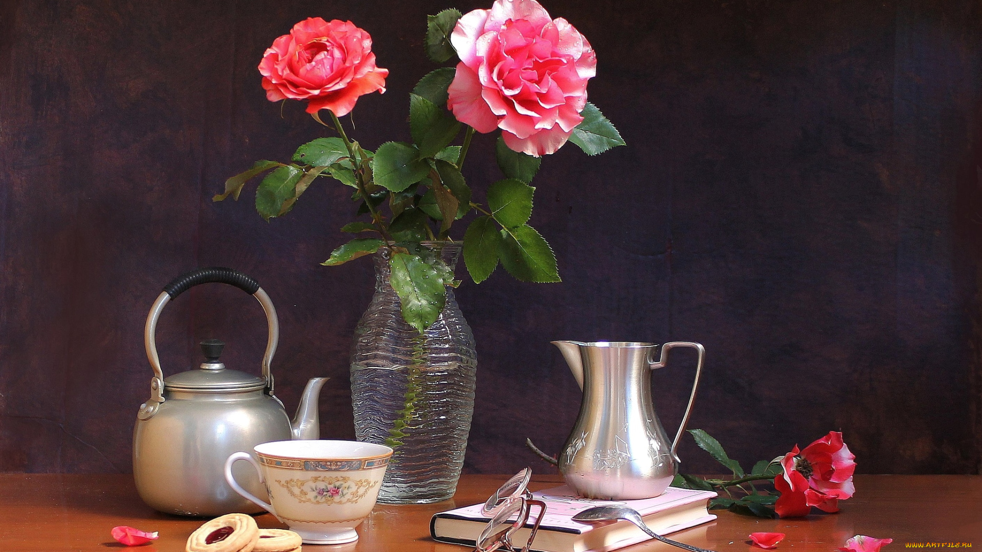 цветы, розы, очки, чайник, печенье
