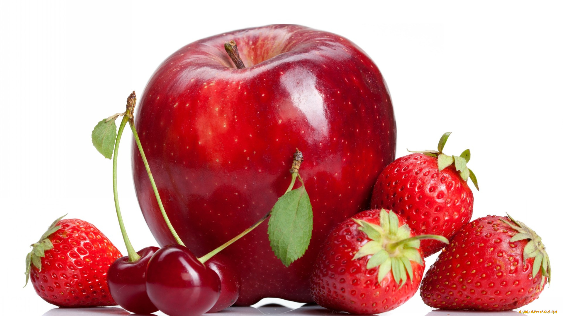 еда, фрукты, ягоды, вишни, клубника, яблоко