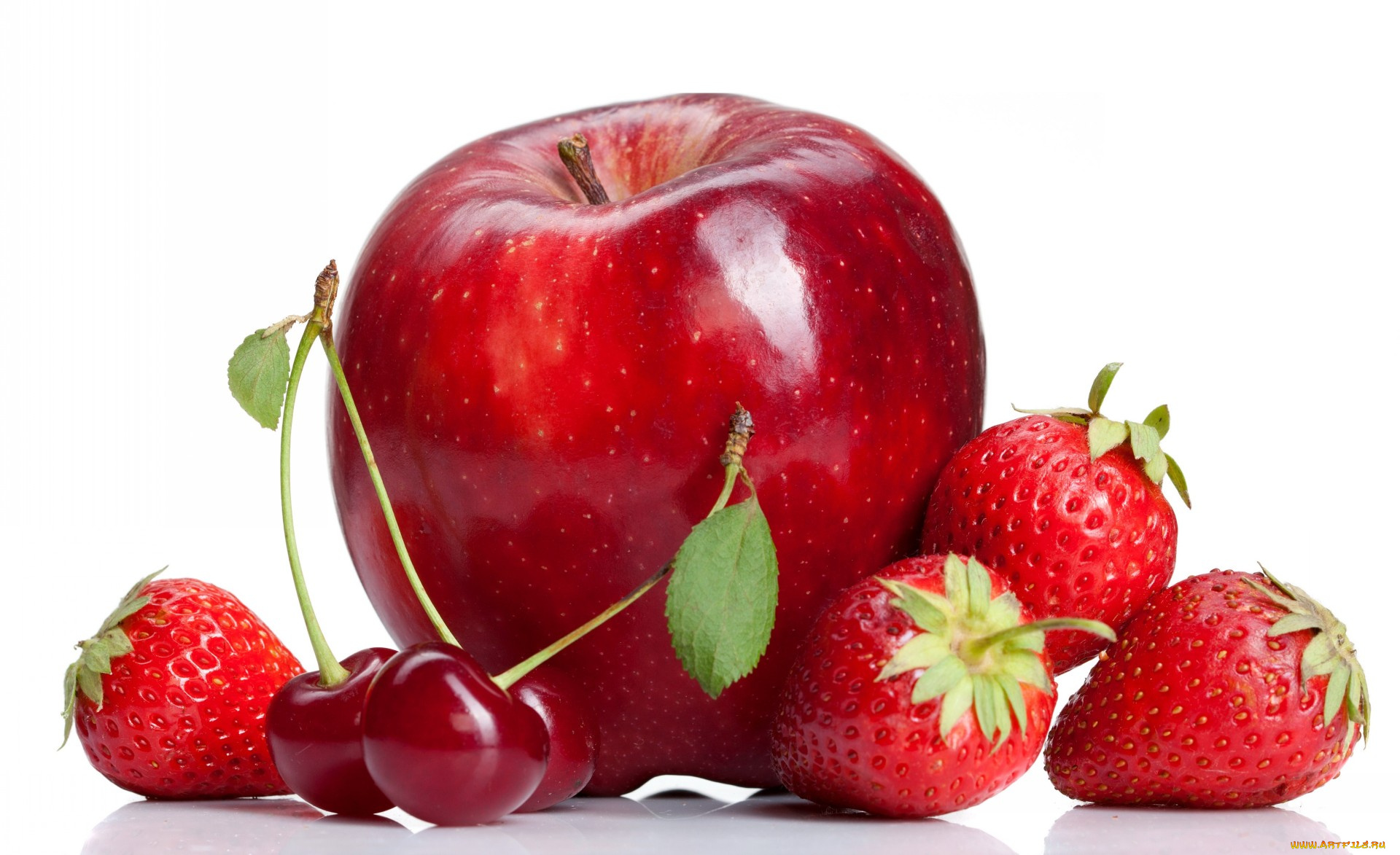еда, фрукты, ягоды, вишни, клубника, яблоко